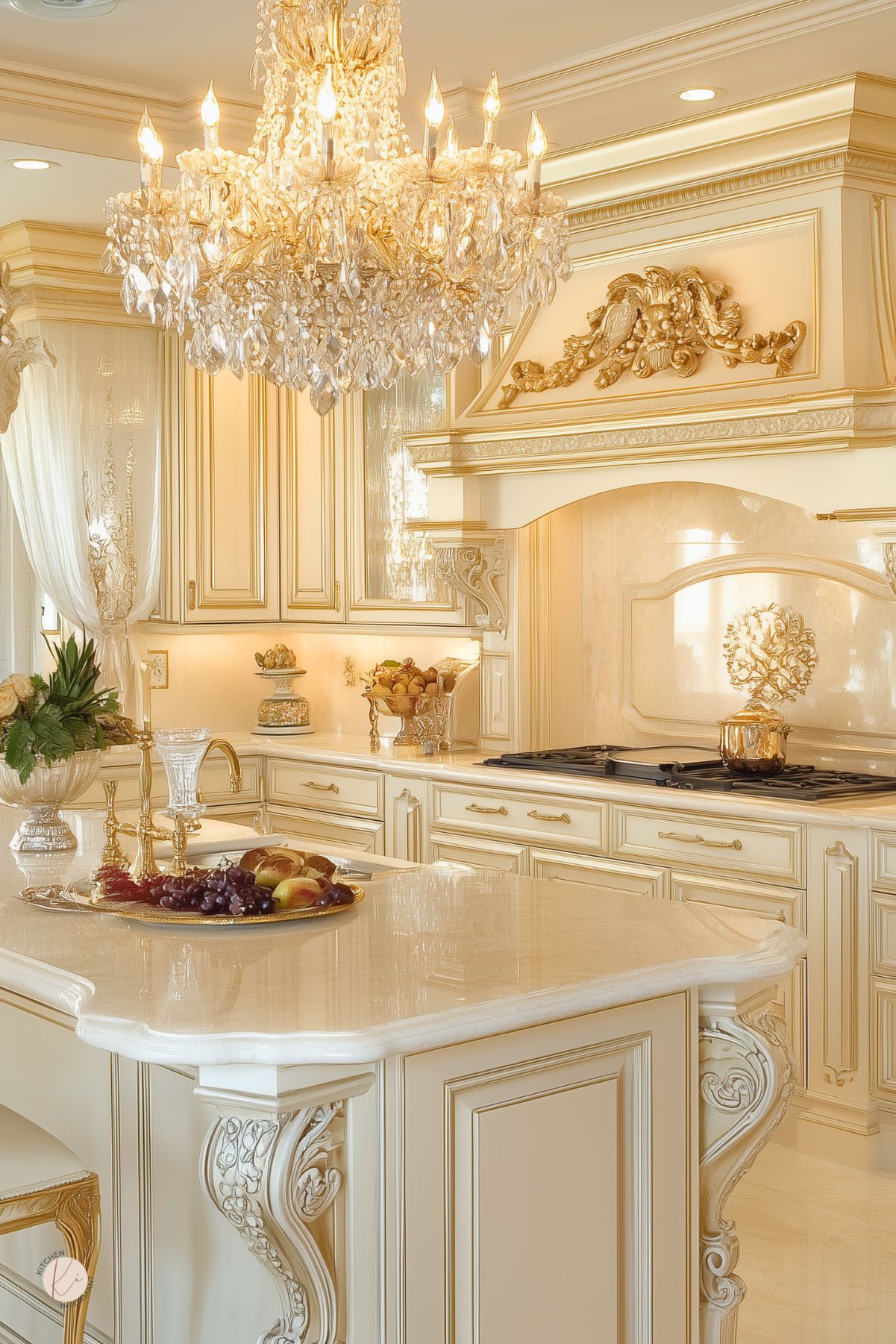 Luxurious cream kitchen with ornate raised-panel cabinets, gold hardware and trim, crystal chandelier, carved corbels, and a decorative range hood with gold applique. Polished marble island countertop, gas cooktop, and styled decor with fruit tray and crystal pieces. Text: “Kitchen Informant” logo.