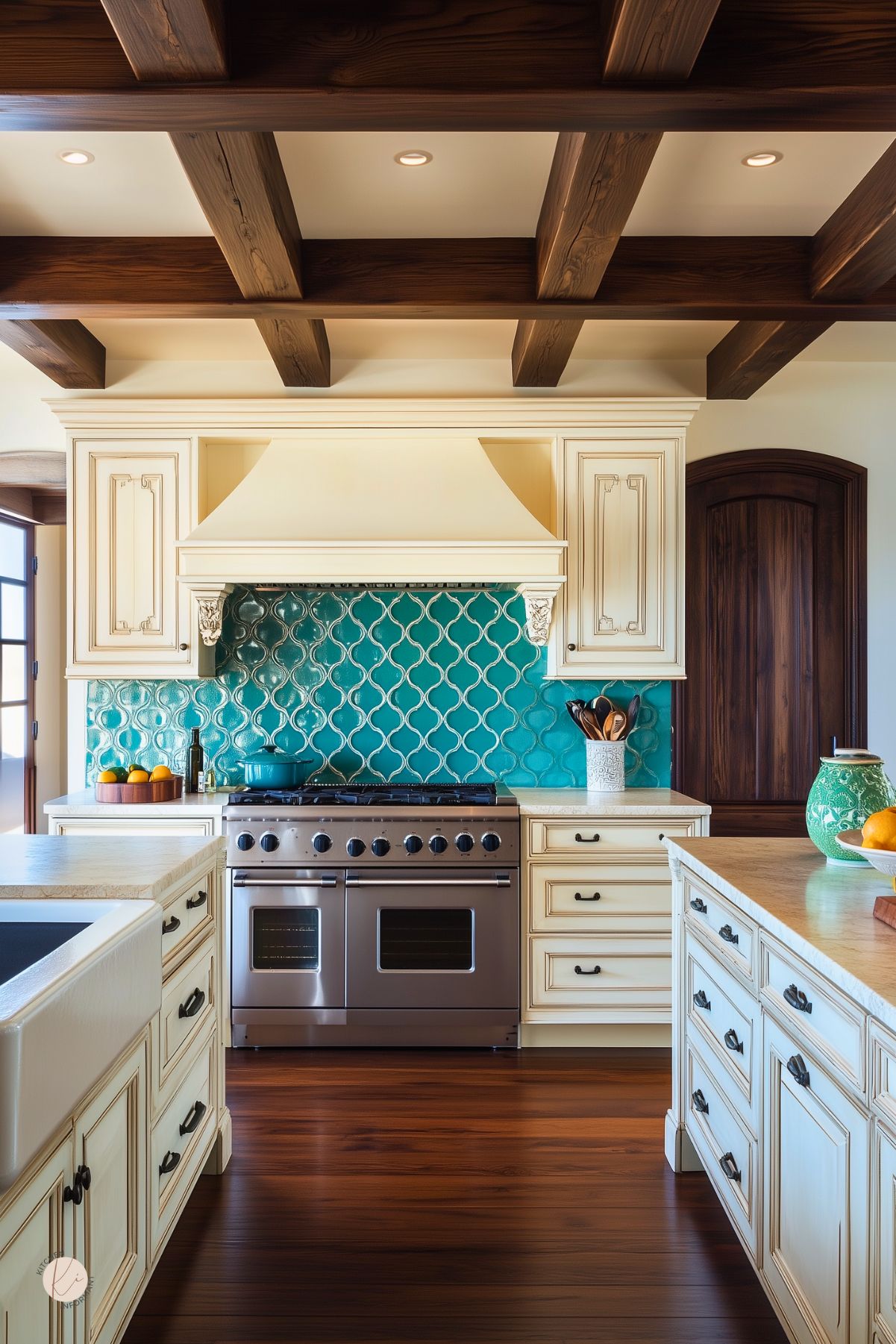Cream kitchen with raised-panel cabinets and black hardware, a bold teal arabesque tile backsplash, and a large stainless professional range under a paneled hood with corbels. Farmhouse sink, light stone countertops, dark wood floors, and exposed ceiling beams; arched wood door and island drawers. Mediterranean traditional kitchen design. Text: “Kitchen Informant” logo.