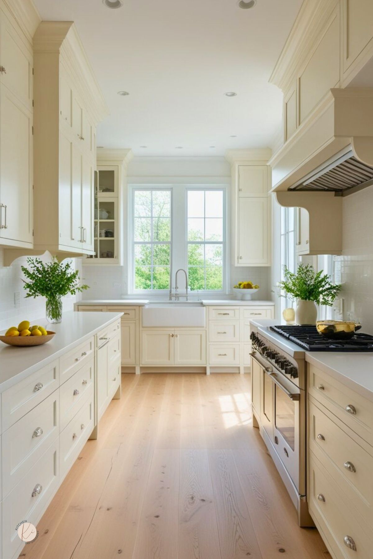 Cream kitchen with white oak floors, shaker cabinets with polished-nickel hardware, and quartz countertops. Stainless gas range under a custom hood faces a farmhouse sink beneath large windows. Greenery and bowls of lemons add color. Bright, airy kitchen design. Text on image: “Kitchen Informant.”