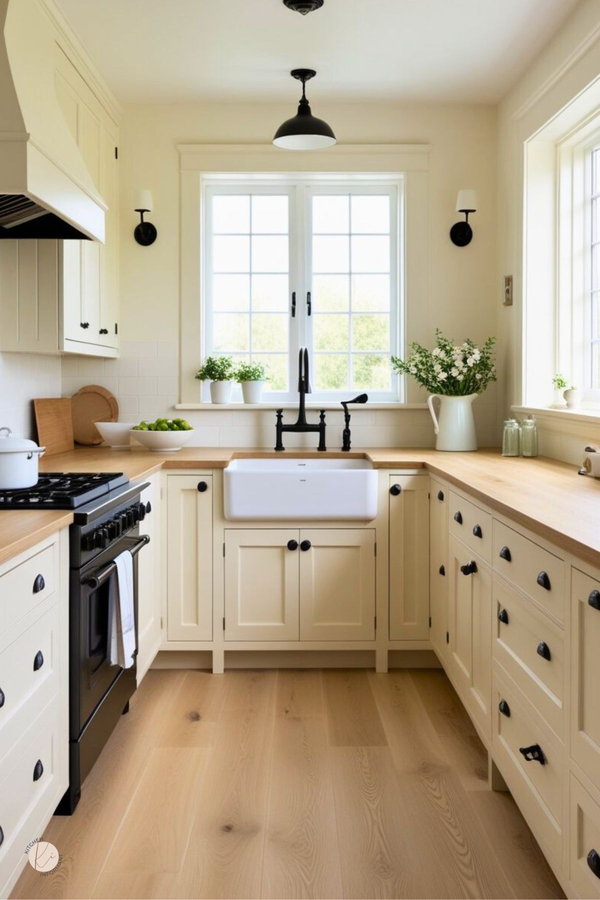 Cream cottage kitchen with white oak floors, shaker cabinets, and butcher-block countertops. Farmhouse sink with a black bridge faucet under a large window, black range and hood, black cup pulls and sconces, and potted greenery. Bright U-shaped layout. Text on image: “Kitchen Informant.”