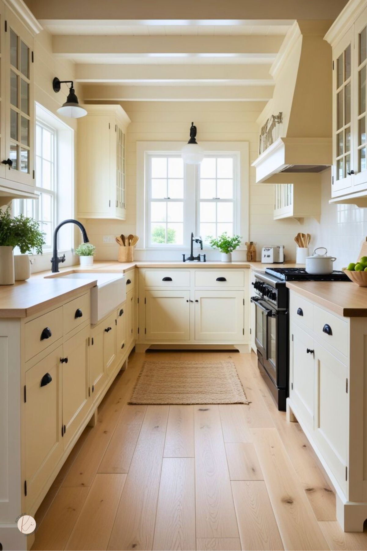 Cream cottage kitchen with white oak floors, shaker cabinets, and butcher-block countertops. Farmhouse sink with black faucet, black cup pulls and sconces, glass-front uppers, and a black range under a paneled hood. Beamed ceiling, jute runner, potted herbs, bright windows. Text: “Kitchen Informant.”