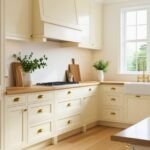 Cream kitchen with white oak floors, shaker cabinets, and butcher-block countertops. Paneled range hood over a gas cooktop, brass cup pulls, and a farmhouse sink with a brass faucet by a large window. Cutting boards and potted greenery add warmth. Bright kitchen design. Text: “Kitchen Informant.”