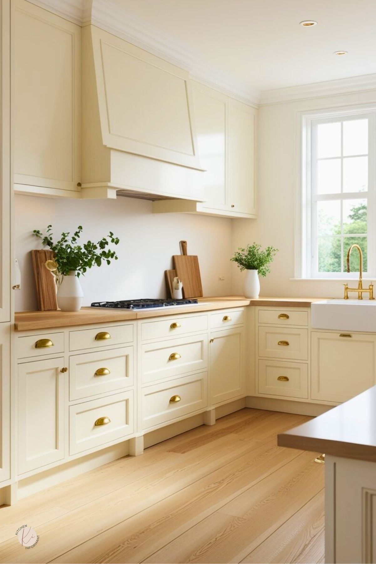 Cream kitchen with white oak floors, shaker cabinets, and butcher-block countertops. Paneled range hood over a gas cooktop, brass cup pulls, and a farmhouse sink with a brass faucet by a large window. Cutting boards and potted greenery add warmth. Bright kitchen design. Text: “Kitchen Informant.”