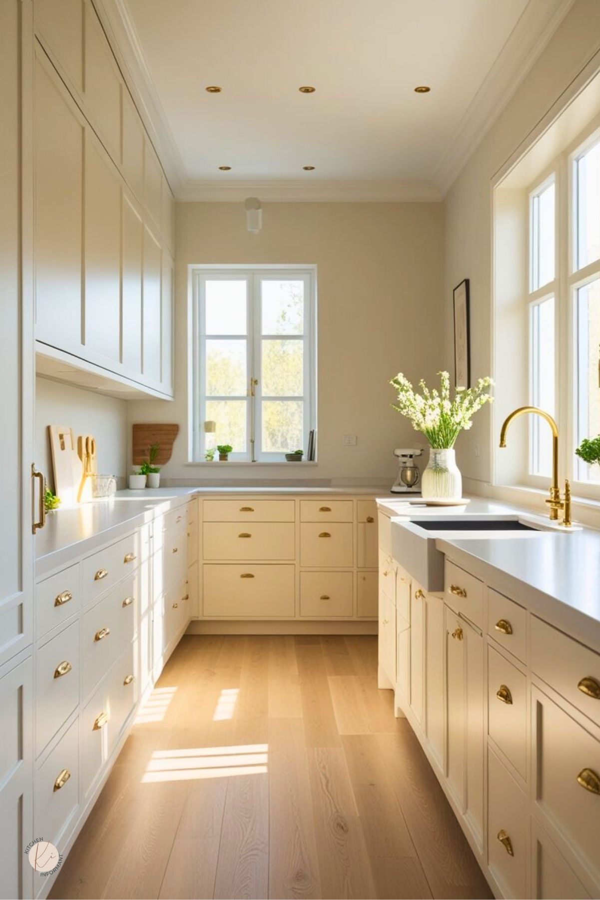 Cream kitchen with white oak floors, shaker cabinets, and quartz countertops. Brass cup pulls and faucet, apron-front sink under large sunlit windows, and abundant drawer storage. Cutting boards and potted herbs add warmth. Bright, classic kitchen design. Text on image: “Kitchen Informant.”