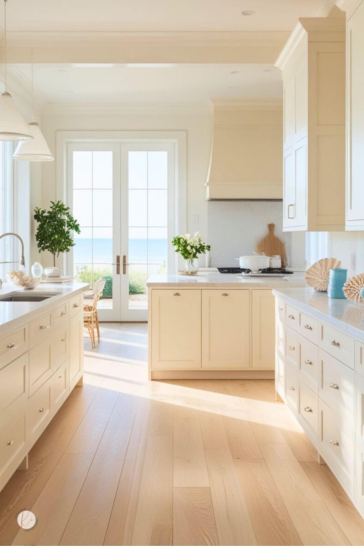 Cream coastal kitchen with white oak floors, shaker cabinets, and light quartz countertops. Central cabinet and two runs with a sink on the left peninsula and a gas cooktop beneath a paneled hood. French doors frame an ocean view; greenery and shells add decor. Bright beach kitchen design. Text: “Kitchen Informant.”