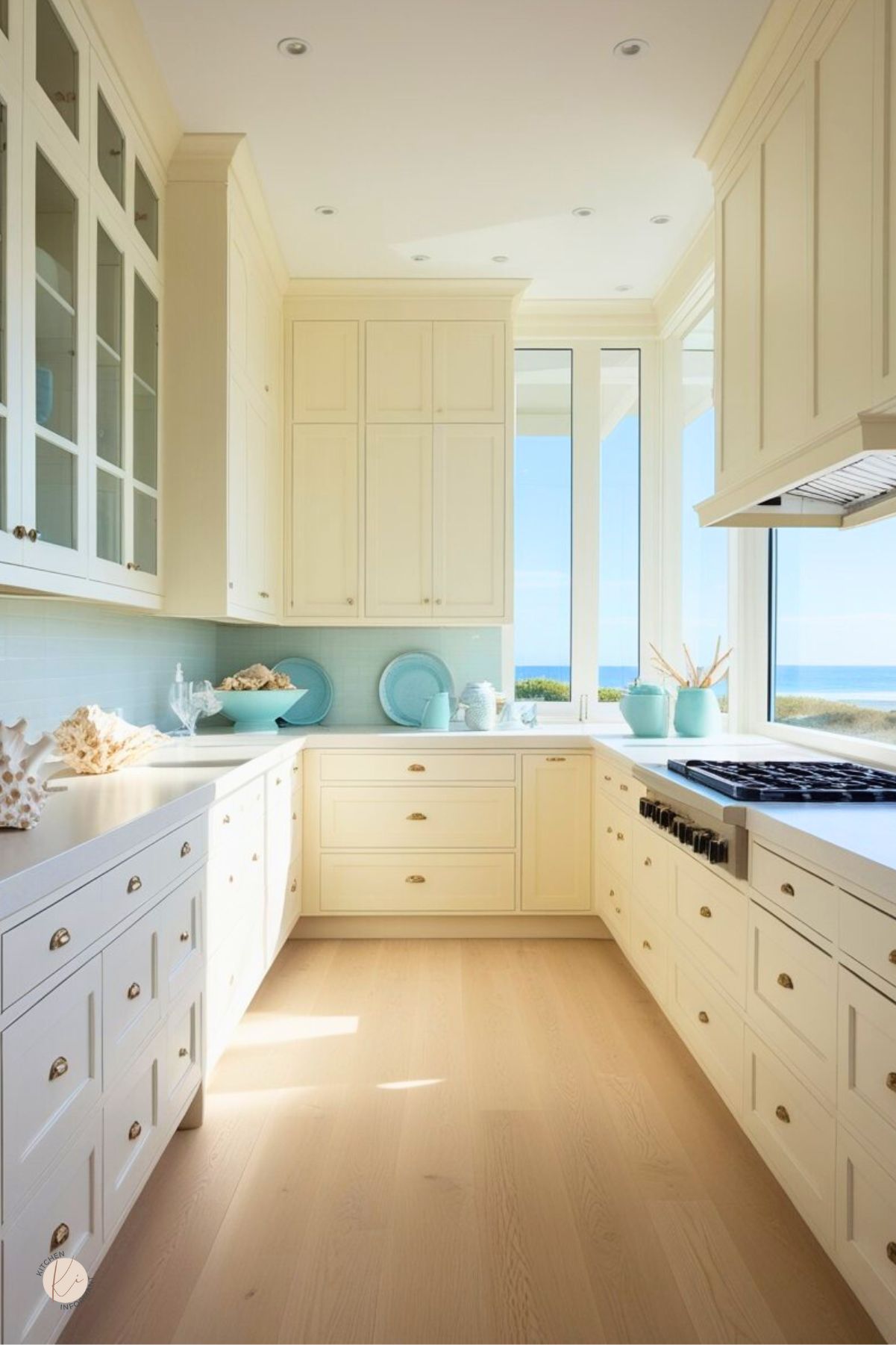 Cream coastal kitchen with white oak floors, shaker cabinets with brass cup pulls, and white quartz countertops. Pale aqua tile backsplash and accessories, shells on the counter, and a gas cooktop. Large corner windows frame an ocean view. Beachy kitchen design. Text on image: “Kitchen Informant.”