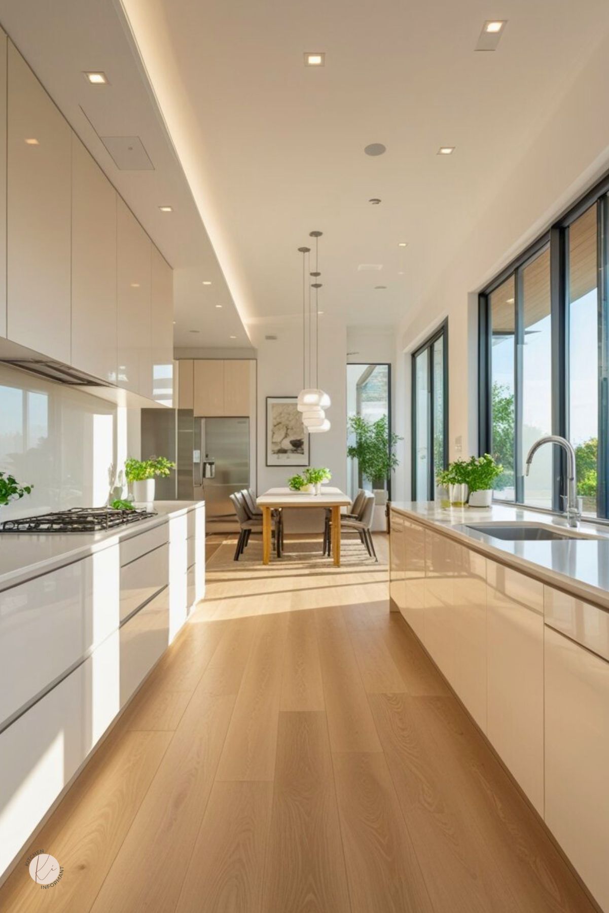 Modern cream galley kitchen with glossy flat-front cabinets, white oak floors, and quartz countertops. Large black-framed windows, pendant lights, stainless fridge, gas cooktop, and an undermount sink; dining table at the far end with potted greenery. Minimalist kitchen design with natural light. Text on image: “Kitchen Informant.”