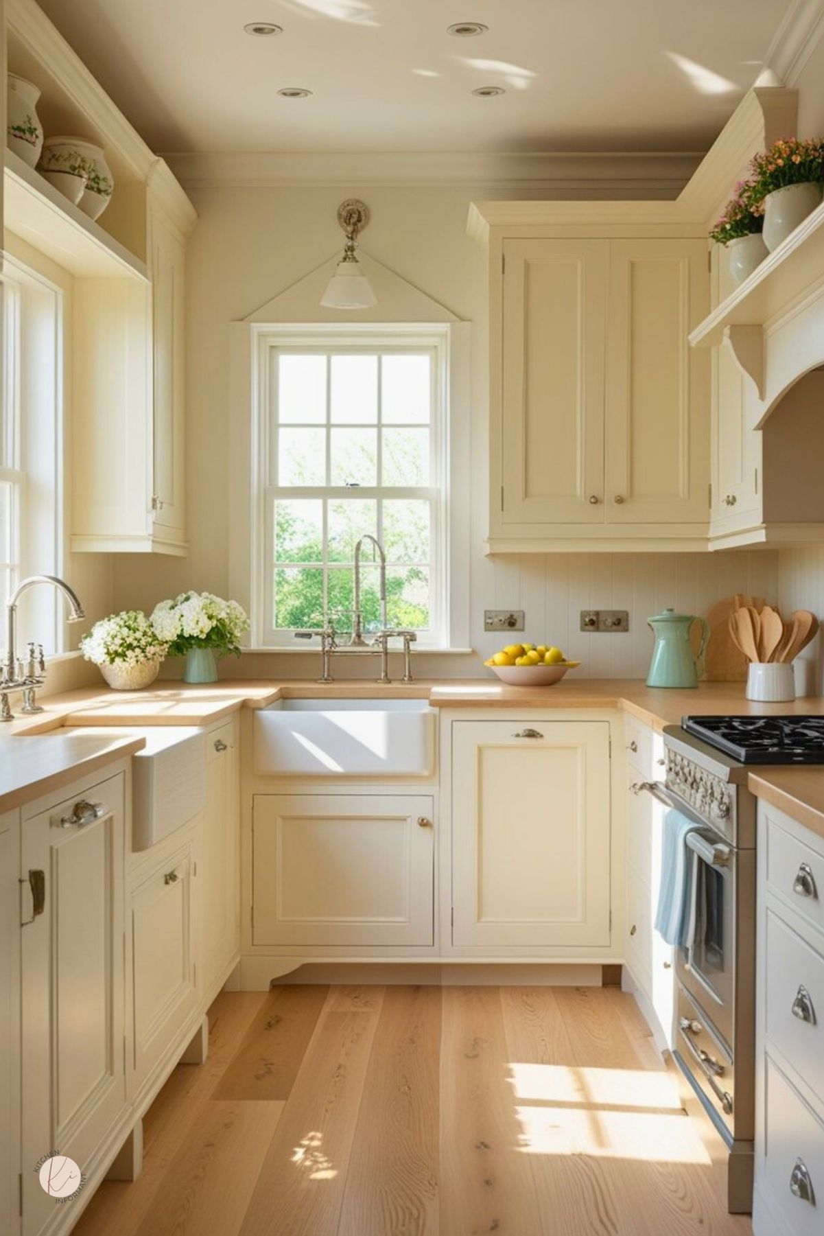 Cream kitchen with white oak floors, shaker cabinets, and light wood countertops. Farmhouse sink with a bridge faucet below a sunlit window, beadboard backsplash, and a classic range. Polished-nickel hardware, wall sconce, mint kettle, wood utensils, white flowers, and a bowl of lemons add warmth. Bright, cottage kitchen design. Text on image: “Kitchen Informant.”