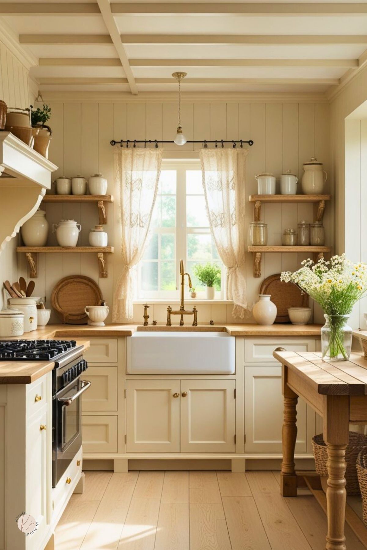 Cream cottage kitchen with white oak floors, cream shaker cabinets, and butcher-block countertops. Farmhouse sink with a brass bridge faucet sits beneath lace curtains and a beamed ceiling. Open wood shelves hold white pottery; daisies in a jar and baskets add warmth. Text on image: “Kitchen Informant.”