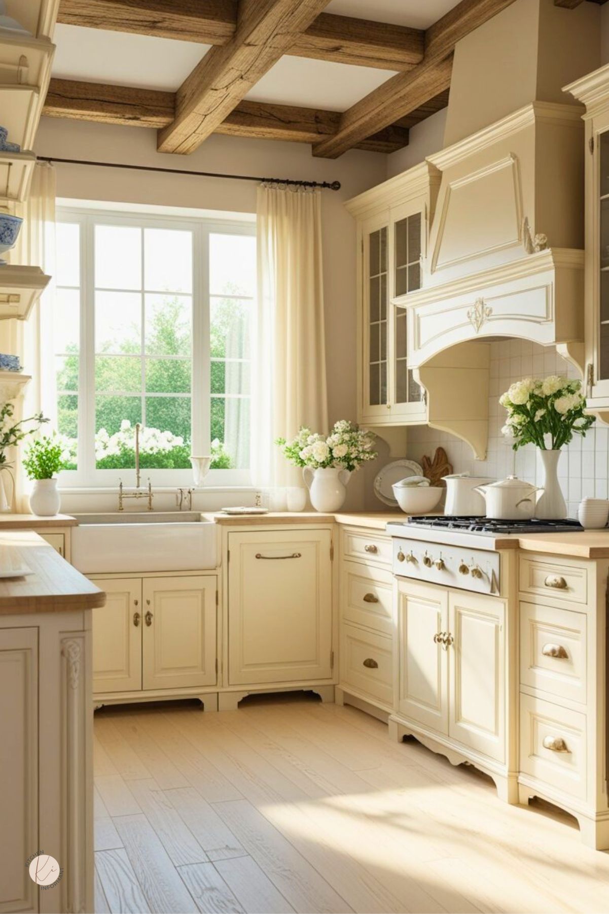 Cream traditional kitchen with white oak floors, exposed wood beams, and butcher-block countertops. Ornate range hood, glass-front cabinets, and a farmhouse sink with a brass bridge faucet under a large window. White hydrangeas and blue-and-white china accents; gas range with white pots. Text on image: “Kitchen Informant.”