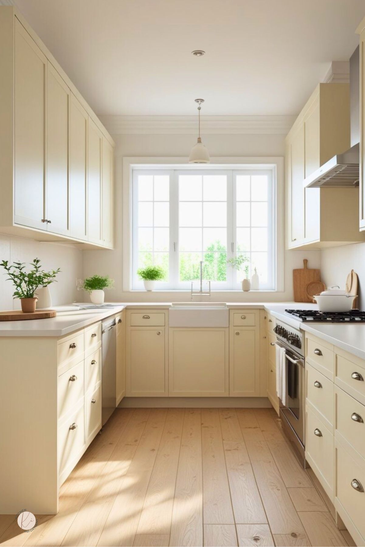Cream U-shaped kitchen with white oak floors, shaker cabinets, and white quartz countertops. Farmhouse sink under a large window, stainless gas range with hood, pendant light, and cup-pull hardware. Potted herbs and wood boards add warmth. Bright, airy kitchen design. Text: “Kitchen Informant.”