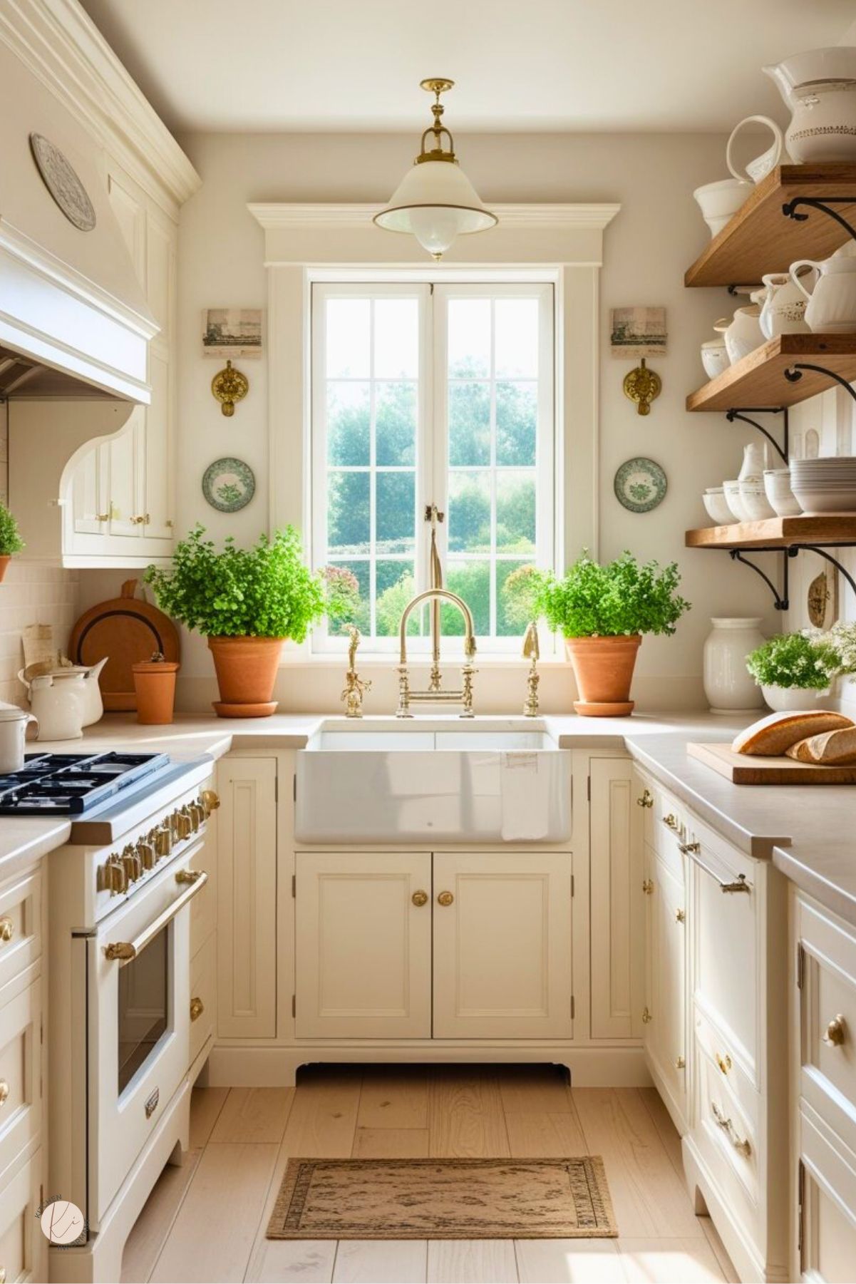 Cream cottage kitchen with white oak floors, shaker cabinets, and light countertops. Farmhouse sink under a window with an ornate brass bridge faucet, terracotta potted herbs, open wood shelves with white dishes, and a range with brass knobs; small rug and bread board. Text: “Kitchen Informant.”