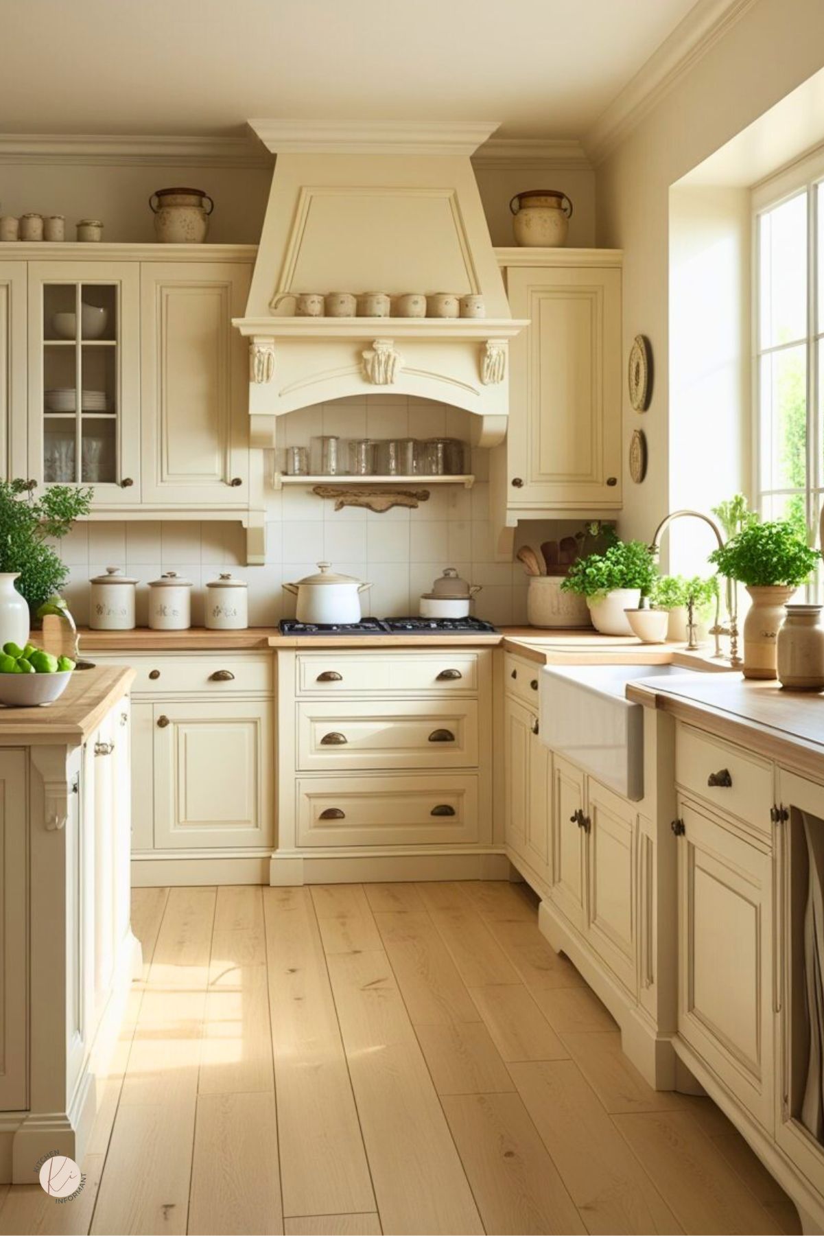 Cream traditional kitchen with white oak floors, raised-panel cabinets, and butcher-block countertops. Ornate range hood over a gas cooktop with white pots, subway-tile backsplash, and an apron-front farmhouse sink by a sunny window. Brass cup pulls, ceramic canisters, and potted herbs. Text: “Kitchen Informant.”