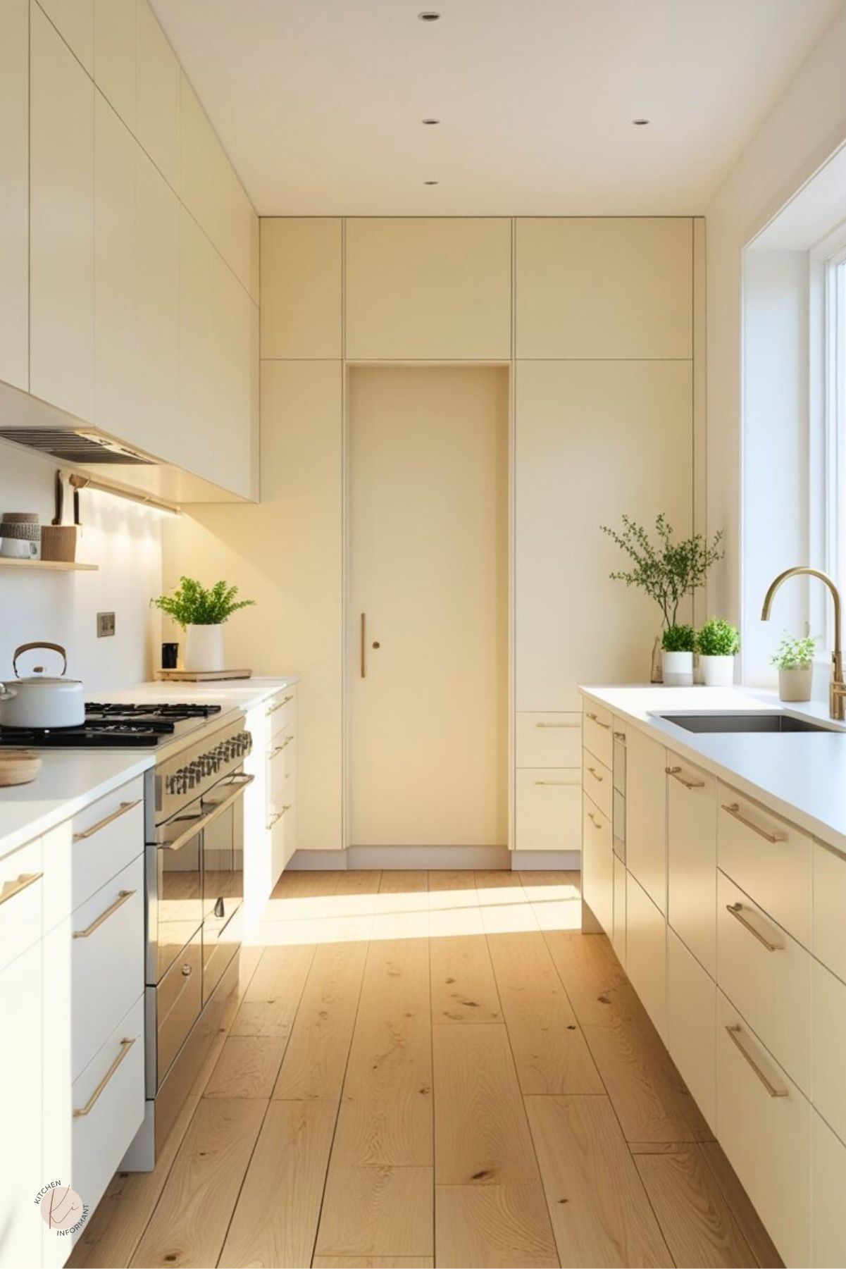 Modern cream kitchen with white oak floors, flat-front cabinets, and quartz countertops. Long brass pulls, stainless gas range, integrated hood, and an undermount sink by a large window with brass faucet. Minimalist galley layout with potted greenery and a slab door. Text on image: “Kitchen Informant.”