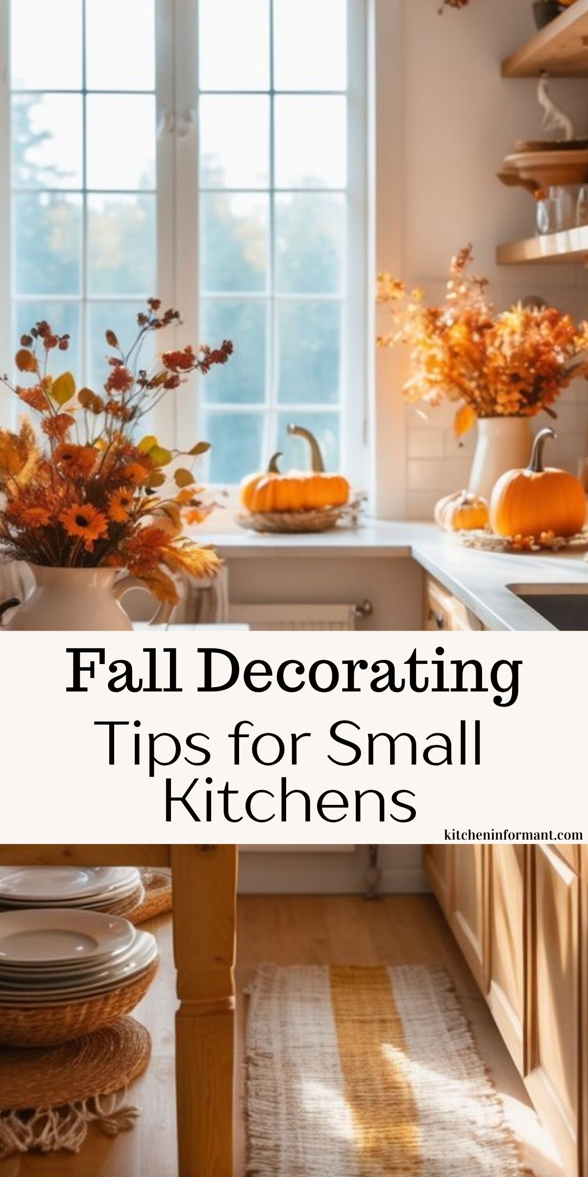 Small neutral kitchen styled for fall: maple leaf garland around a window, open wood shelves with white dishes and cutting boards, mini pumpkins on butcher-block counters beside a stainless range and dishwasher. Overlaid text: “Fall Decorating Tips for Small Kitchens.” “KITCHENINFORMANT.COM.”
