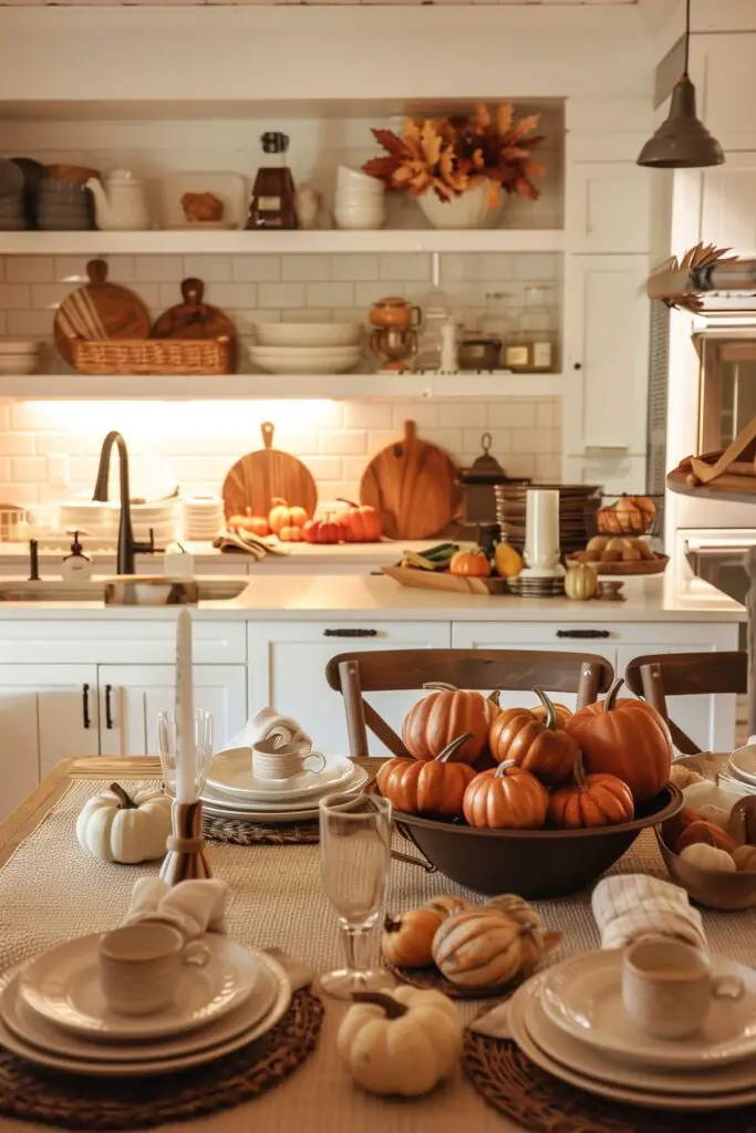 Warm white farmhouse kitchen styled for fall: open shelves, white subway tile, and wood cutting boards. Dining table set with neutral plates and napkins, taper candle, and a bowl centerpiece overflowing with orange pumpkins, with mini gourds scattered around. Fall kitchen decor, autumn tablescape, cozy Thanksgiving vibe.