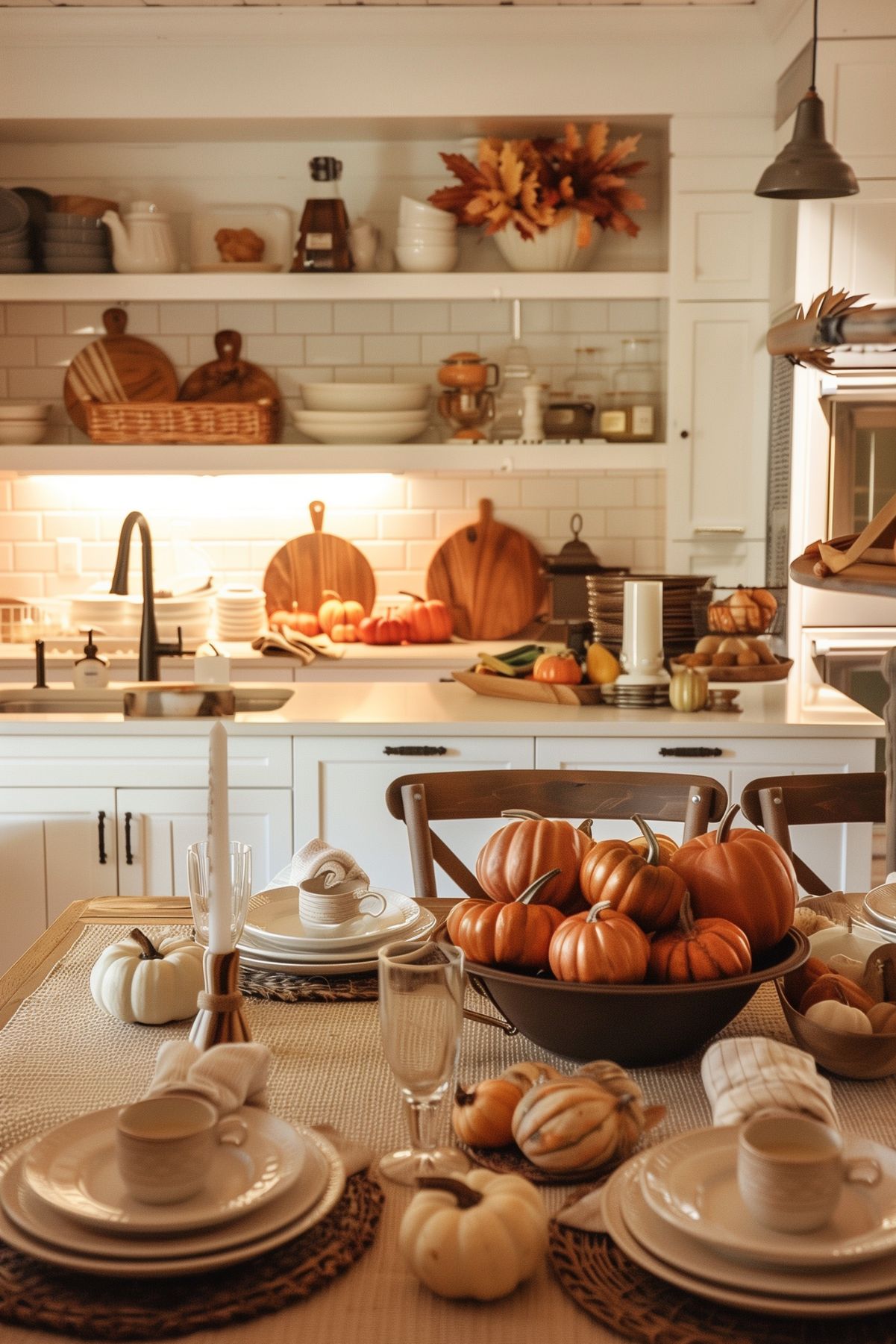 Warm white farmhouse kitchen styled for fall: open shelves, white subway tile, and wood cutting boards. Dining table set with neutral plates and napkins, taper candle, and a bowl centerpiece overflowing with orange pumpkins, with mini gourds scattered around. Fall kitchen decor, autumn tablescape, cozy Thanksgiving vibe.