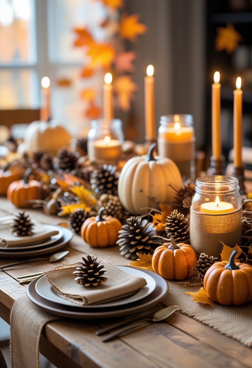 Rustic Thanksgiving tablescape on a wooden dining table: burlap runner lined with mini pumpkins, pinecones, and autumn leaves, mason-jar candles wrapped in burlap, tall tapers, and neutral plates with burlap napkins and pinecone place cards. Warm fall decor centerpiece; farmhouse dining, Thanksgiving table decor.