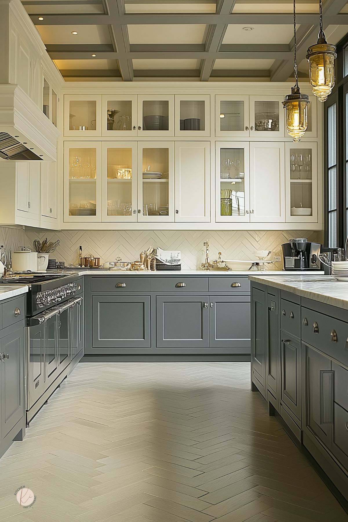 Transitional kitchen with cream glass-front uppers and charcoal gray lower cabinets, marble countertops, large island, black range, herringbone tile backsplash, light herringbone wood floors, and gray coffered ceiling. Three brass pendant lights glow. Watermark reads “Kitchen Informant.”