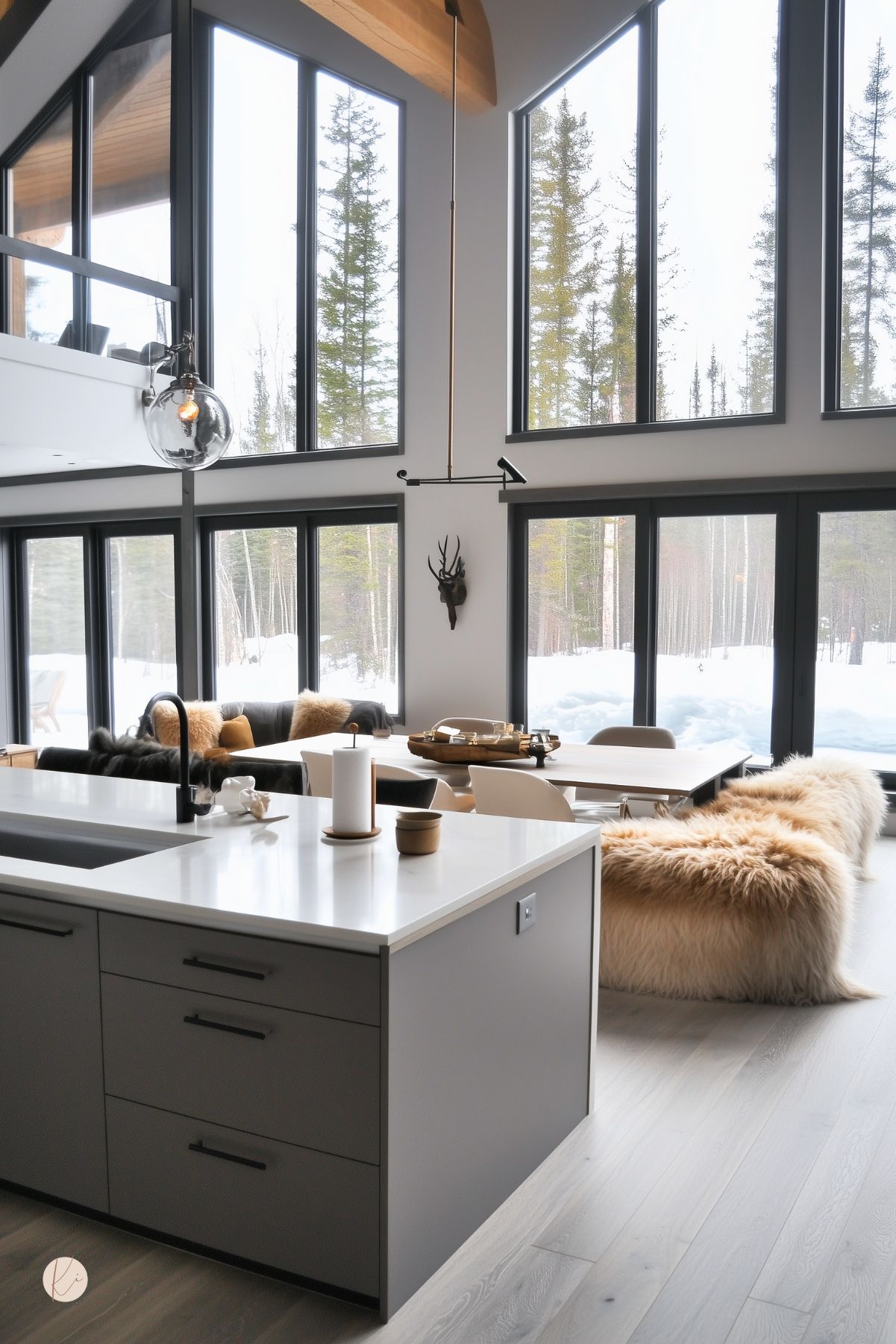 Open-concept modern mountain cabin kitchen and dining with floor-to-ceiling windows overlooking a snowy pine forest. Gray flat-panel island with white quartz countertop and black faucet, light wood floors, vaulted ceiling with beams, globe and linear pendants, antler wall decor, and fur-covered sofa.
