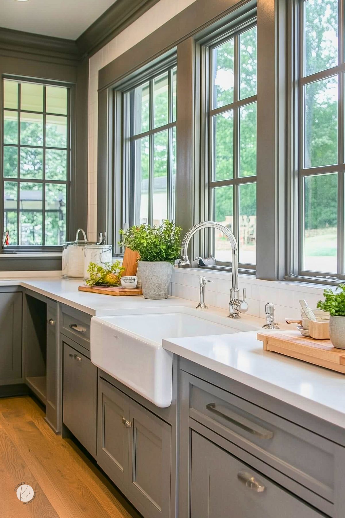 Bright gray and white kitchen with expansive grid windows, gray Shaker cabinets, white quartz countertops, and an apron-front farmhouse sink with chrome fixtures. Potted herbs and cutting boards on the counter; warm wood floors. Watermark reads “Kitchen Informant.”