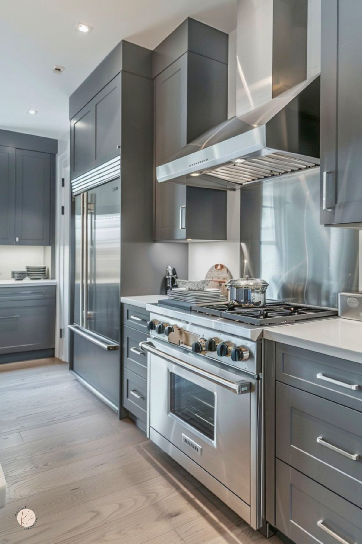 Modern grey and white kitchen with charcoal shaker cabinets, white quartz counters, and light wood floors. Stainless pro-style range with knobs, matching hood, and metal backsplash; built-in fridge at left. Stacked dishes and a pot on the cooktop. Subtle “KI” logo in corner.
