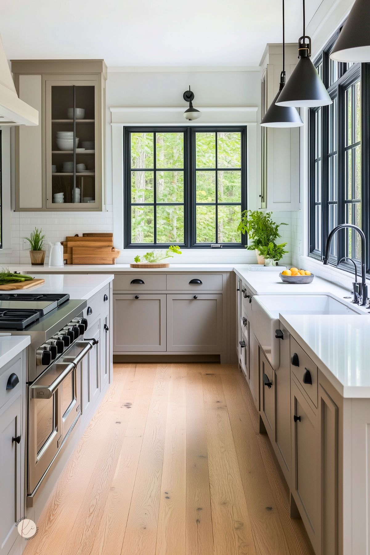 Light gray and white kitchen with Shaker cabinets, black-framed grid windows, white quartz countertops, white subway tile, and an apron-front farmhouse sink. Industrial black pendant lights, stainless range, light oak floors, cutting boards, potted herbs, and a bowl of lemons.