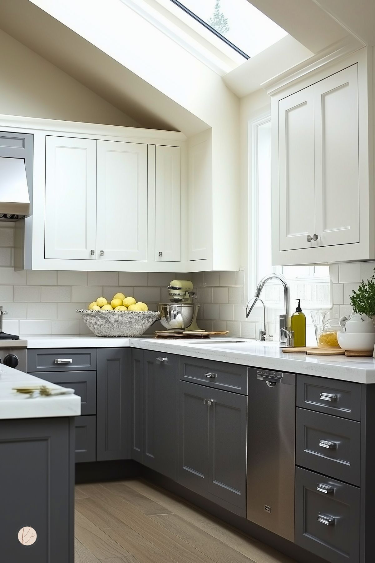 Bright two-tone kitchen with white shaker uppers and charcoal gray lower cabinets, white quartz countertops, and a white subway tile backsplash. Skylight and window over a chrome faucet flood natural light. Stainless dishwasher, mixer, bowl of lemons, olive oil, and herb plant on counter.