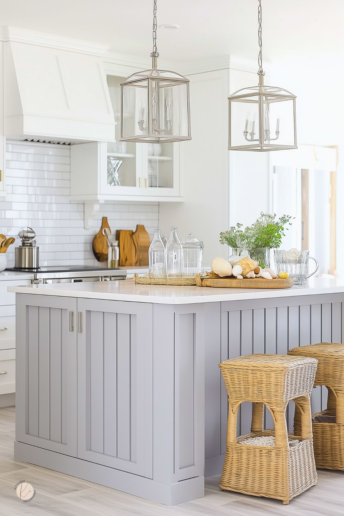 Bright coastal farmhouse kitchen in gray and white. Beadboard island with white quartz countertop and wicker stools, two glass lantern pendant lights, white shaker cabinets, and a white subway tile backsplash. Styling includes wood cutting boards, glass bottles, shells, and greens.
