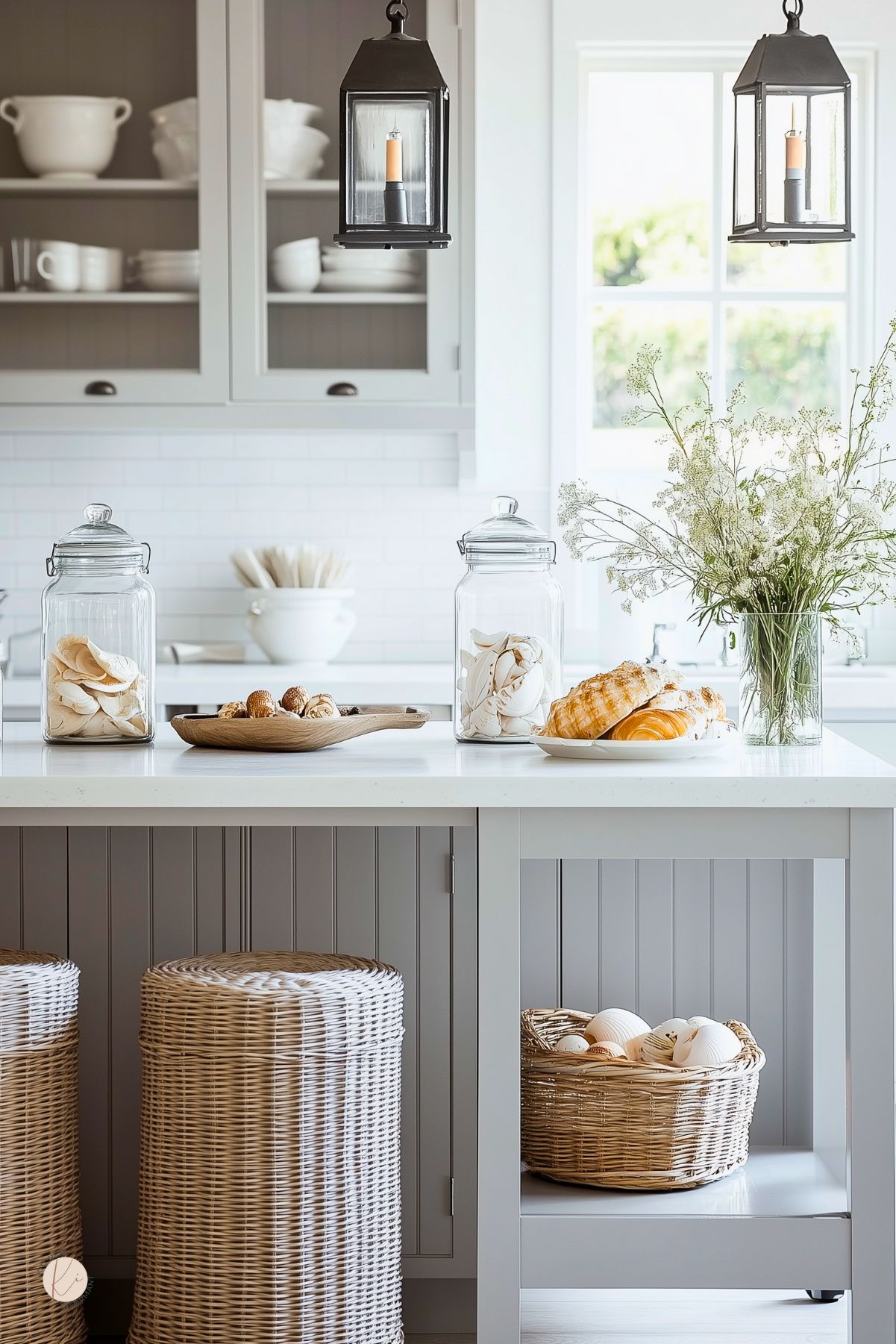 Coastal cottage kitchen in gray and white with a beadboard island, white quartz countertop, and black lantern pendants. Open shelves of white dishes, subway tile backsplash, and a sunny window. Wicker stools and baskets, glass jars of seashells, wood tray of pastries, and a vase of wildflowers.