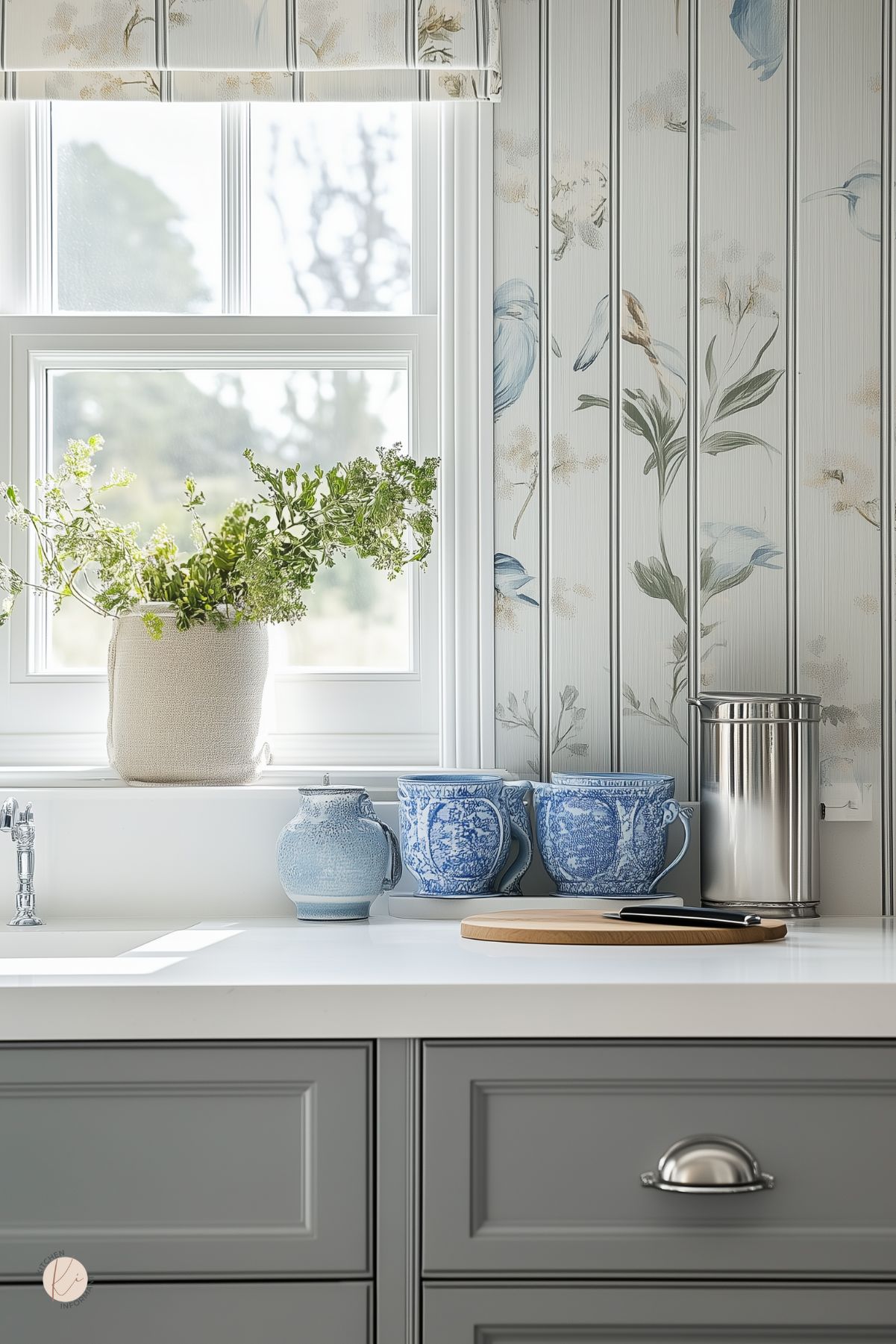 Light-filled cottage kitchen with grey shaker cabinets and white quartz countertop. Floral bird wallpaper and a white Roman shade around the window. Potted greenery on the sill, chrome faucet, blue and white ceramic jugs/mugs, a round wood board with knife, and a stainless canister. Subtle “KI” logo in the corner. Keywords: cottage kitchen, grey cabinets, floral wallpaper.