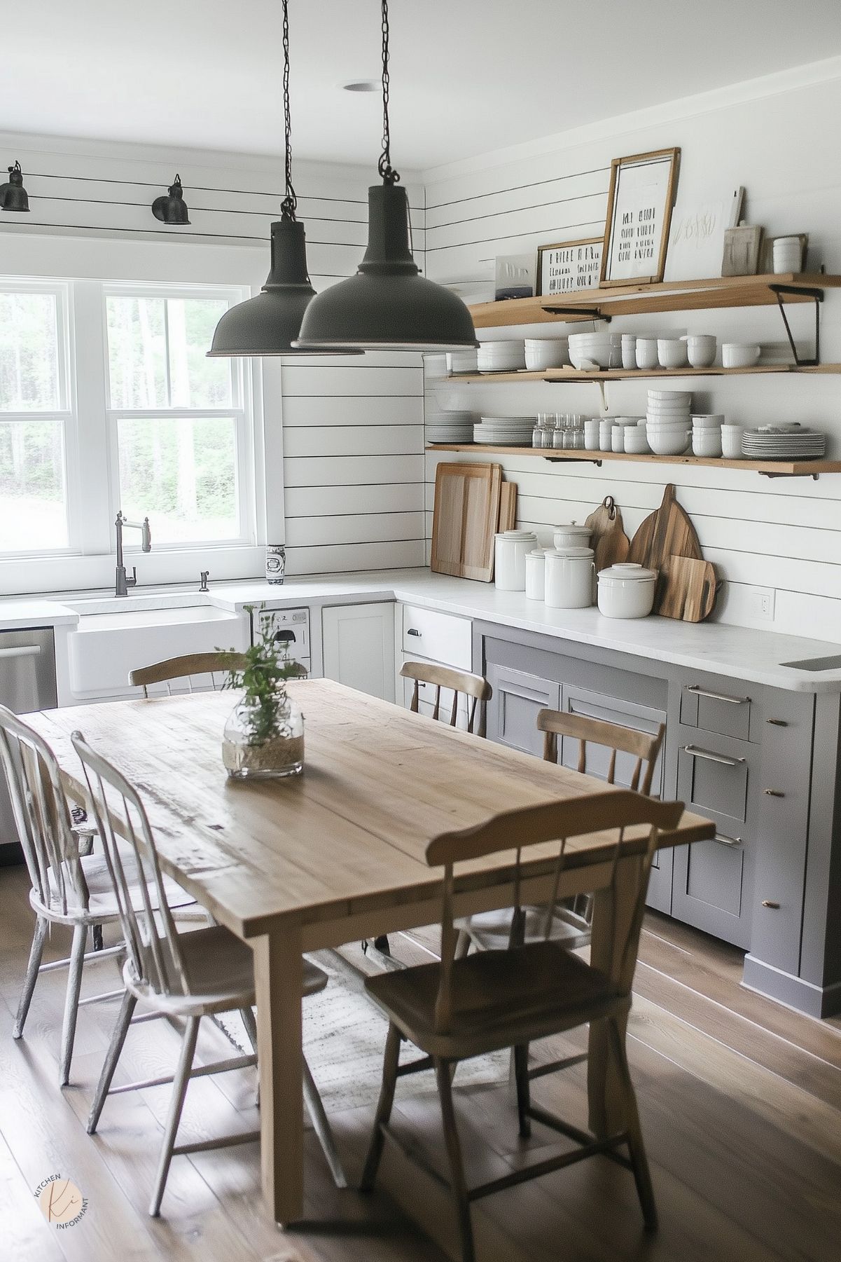 Modern farmhouse kitchen with white shiplap walls, open wood shelves stacked with white dishes, and gray shaker base cabinets. Apron-front sink under a window, two matte black pendant lights, and a rustic wood dining table with mixed chairs. Cutting boards and framed art on the shelf.