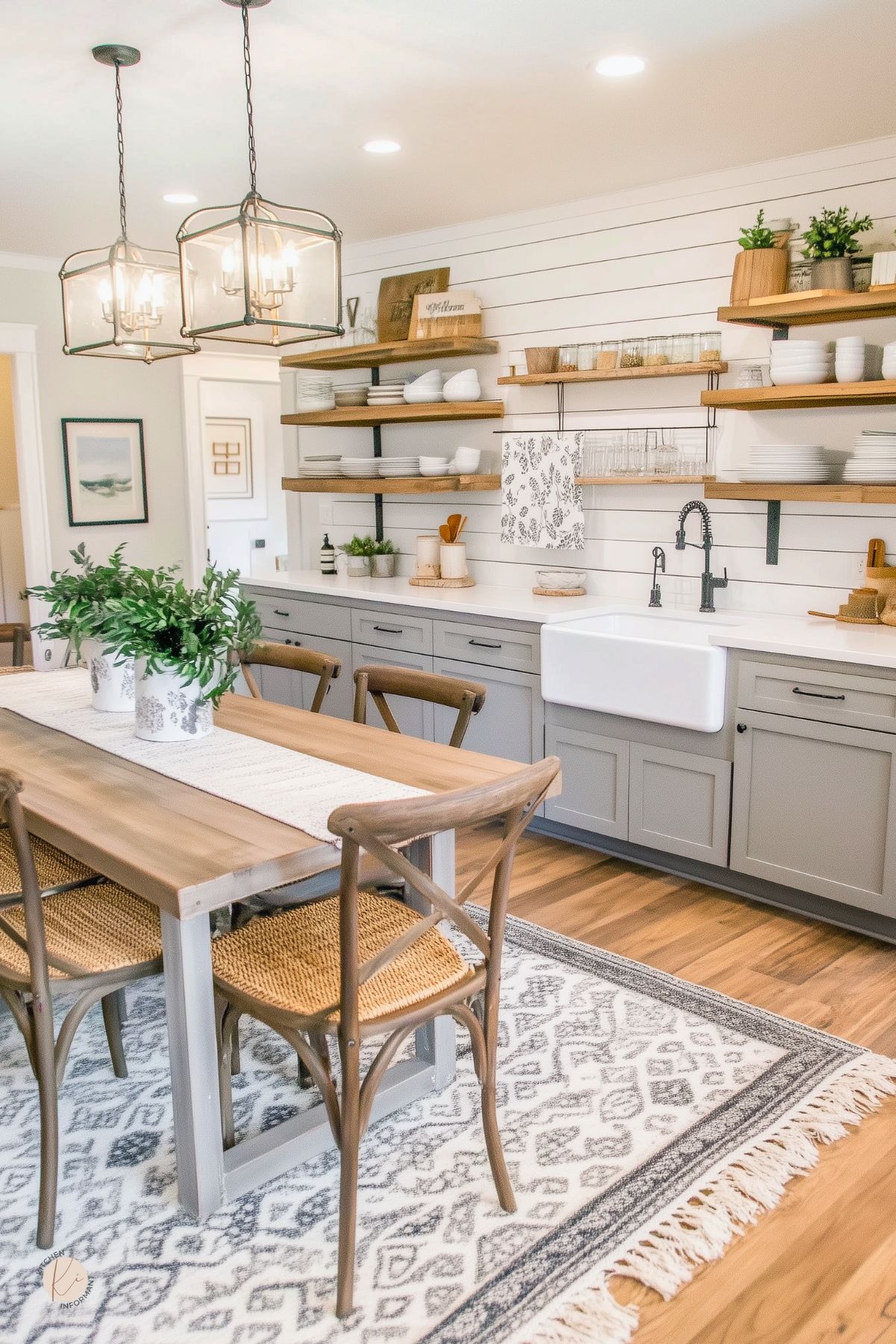 Farmhouse kitchen–dining with white shiplap walls, open wood shelves of white dishes and glassware, and light gray shaker base cabinets. Apron-front sink with black faucet, rustic wood table, cross-back chairs with woven seats, fringed patterned rug, glass lantern pendants, and greenery.