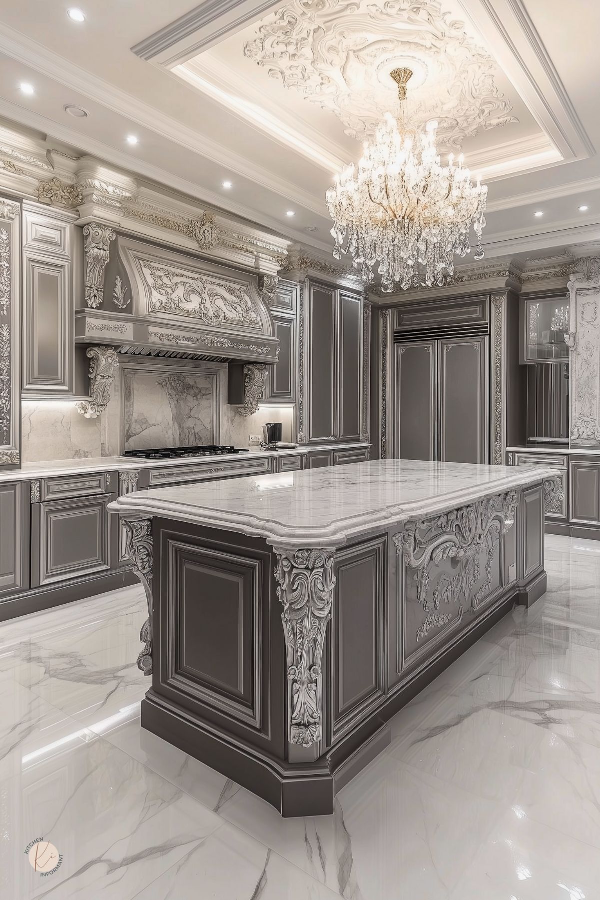 Opulent grey and white luxury kitchen with ornate classical millwork, carved island, marble countertops and backsplash, and glossy marble floors. Grand crystal chandelier on a plasterwork ceiling, paneled cabinets with integrated fridge, and sculpted range hood. Small “KI” logo in corner.