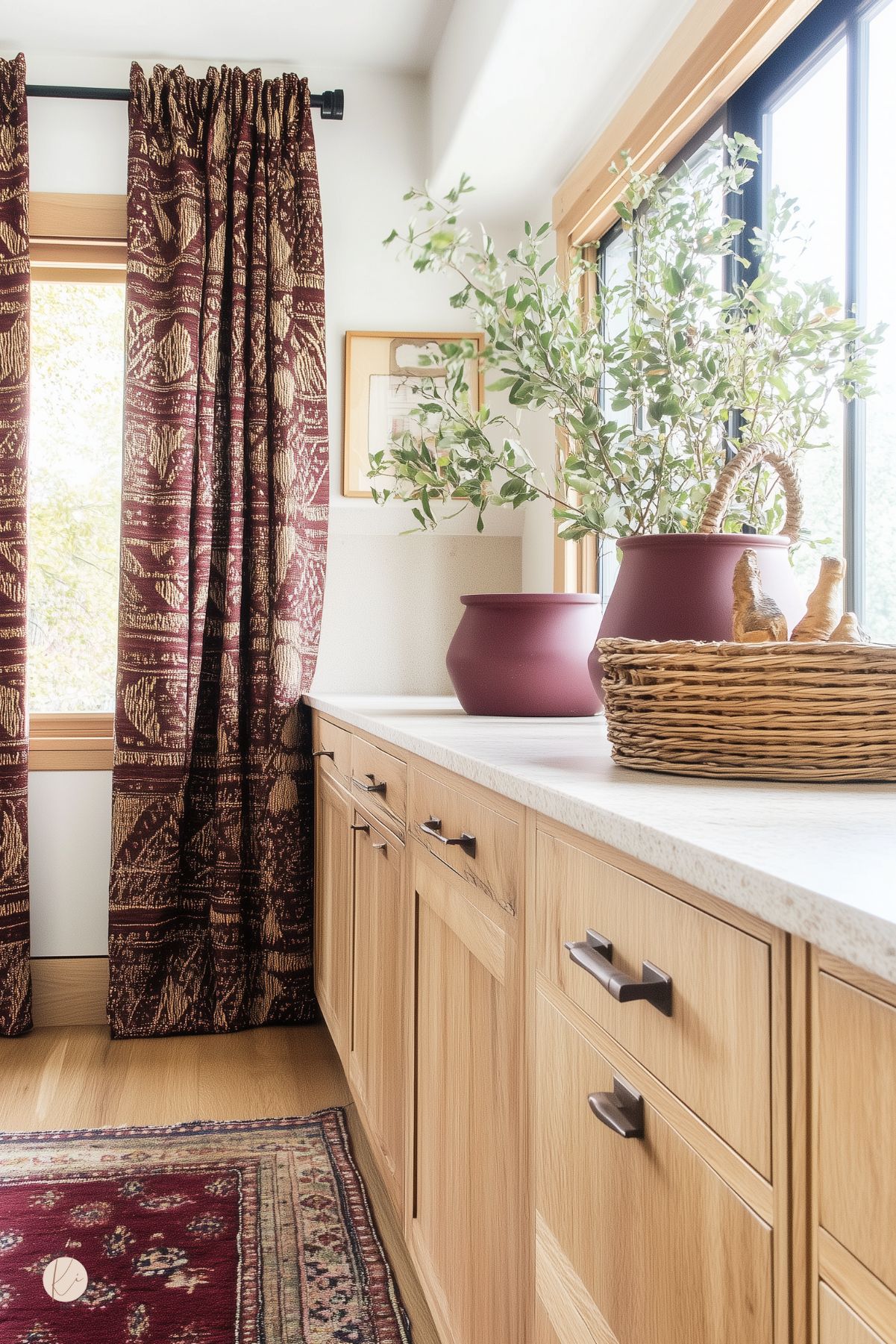 White oak cabinetry with black hardware and a light stone countertop beside a large black-framed window. Burgundy patterned curtains, matching area rug, and matte burgundy planters with greenery add warm kitchen decor accents; a woven basket sits on the counter. Modern rustic kitchen design.