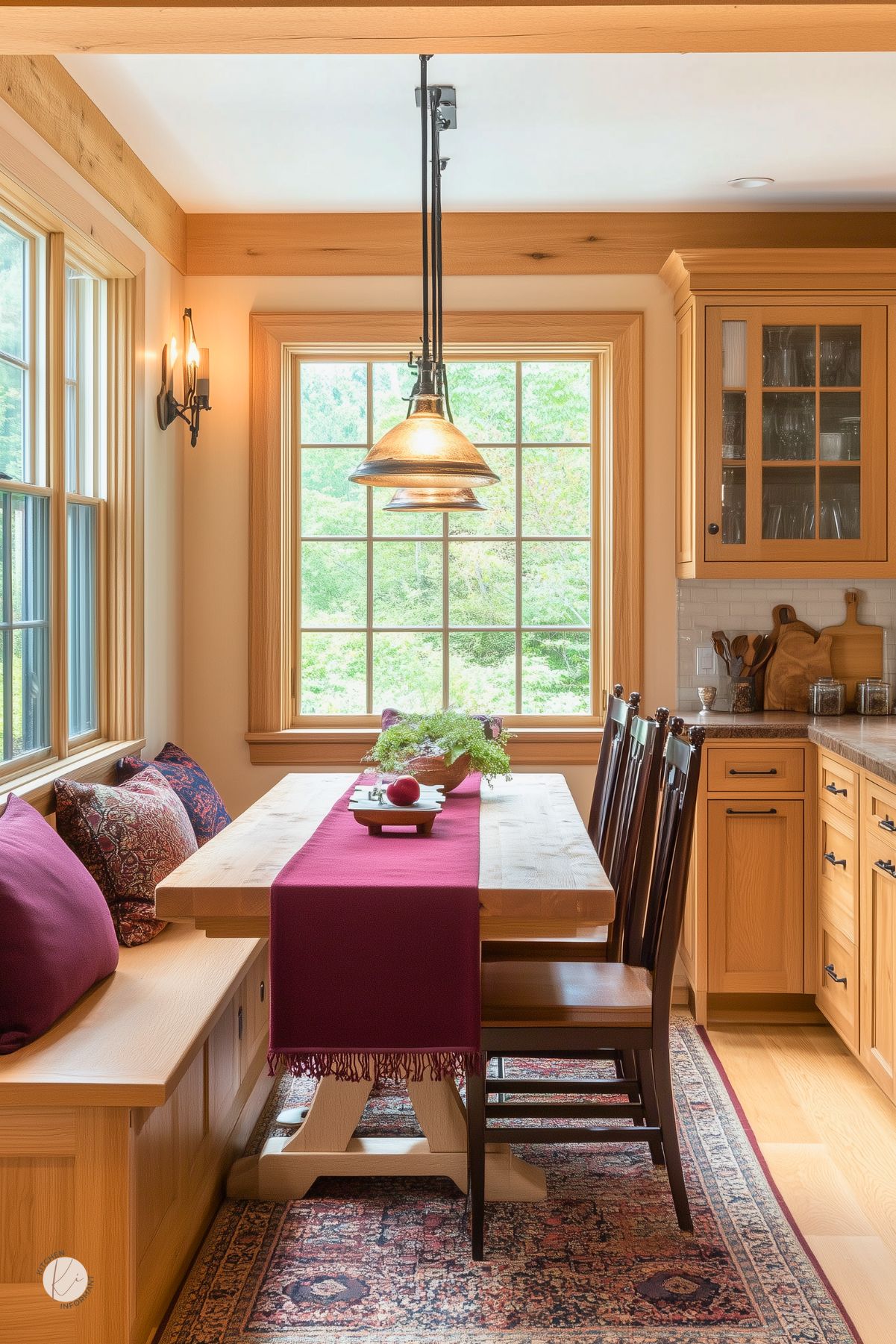 Cozy kitchen dining nook with natural oak cabinets and trim, a built-in bench, and a trestle table styled with a burgundy table runner and patterned pillows. Large grid window, glass-shade pendant lights, subway tile, cutting boards, and an oriental rug complete the warm kitchen design.