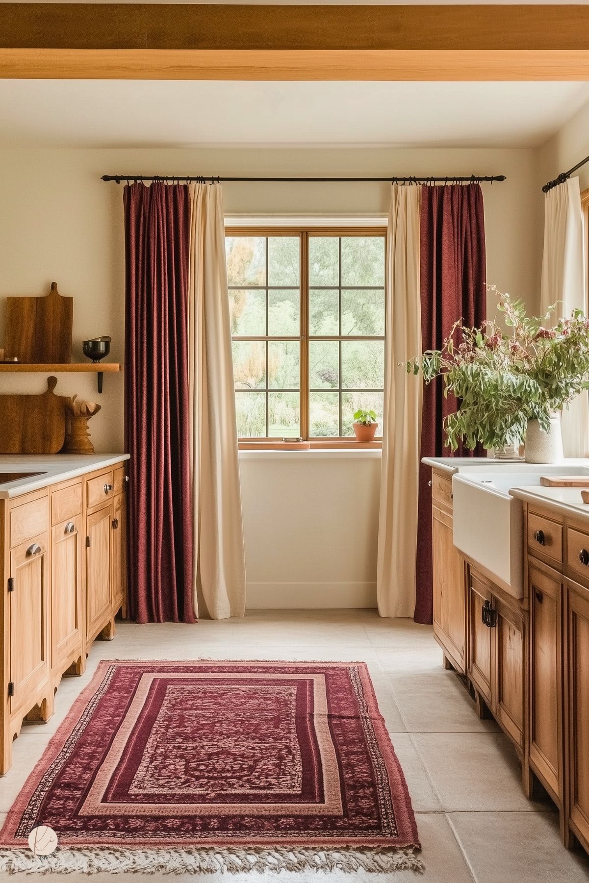 Warm farmhouse kitchen with natural wood cabinetry, a white farmhouse sink, and a burgundy patterned rug centered on the tile floor. Burgundy and cream curtains frame a window with a view of greenery outside. A vase with greenery sits on the counter, and wooden cutting boards add rustic charm.