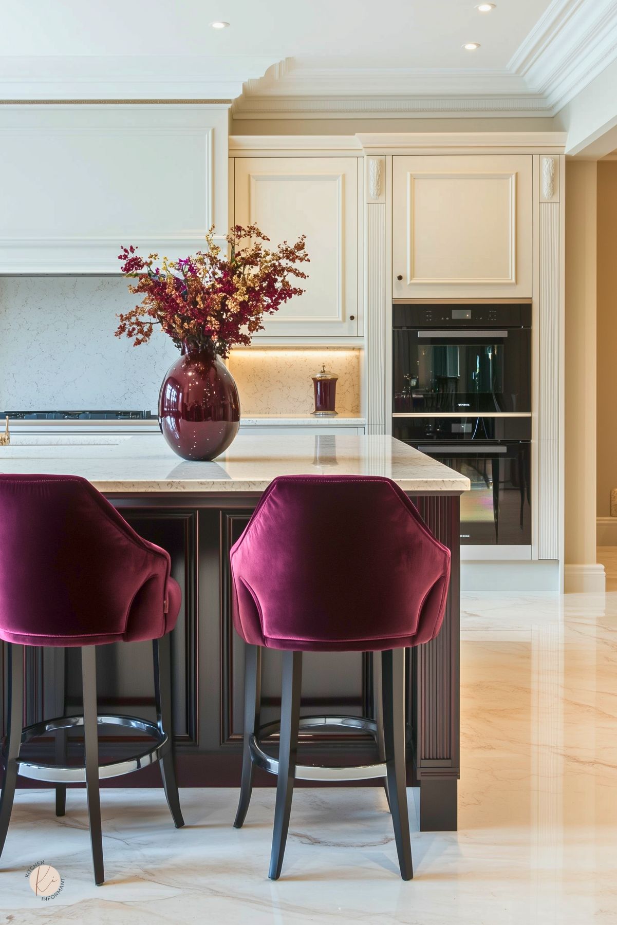 Elegant kitchen with cream cabinetry and a marble island accented by deep burgundy velvet barstools. A glossy burgundy vase filled with dried burgundy and gold florals adds a rich focal point. Creamy marble flooring and ornate trim complete the luxurious look.
