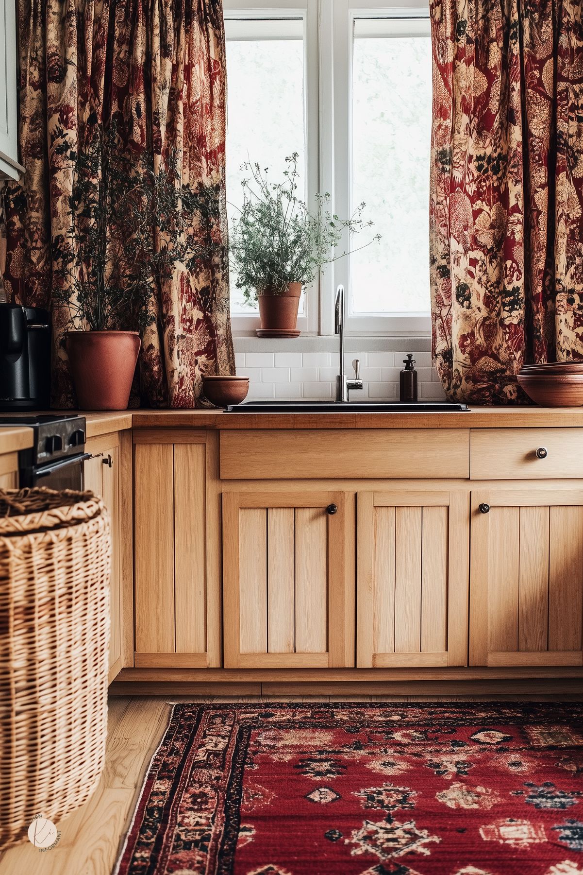 Cottage kitchen with natural wood cabinets, white subway tile backsplash, and a stainless gooseneck faucet under two windows. Burgundy patterned curtains and a red Persian-style rug add warm color. Terracotta planters with herbs, wood bowls, and a wicker basket complete the rustic kitchen design.