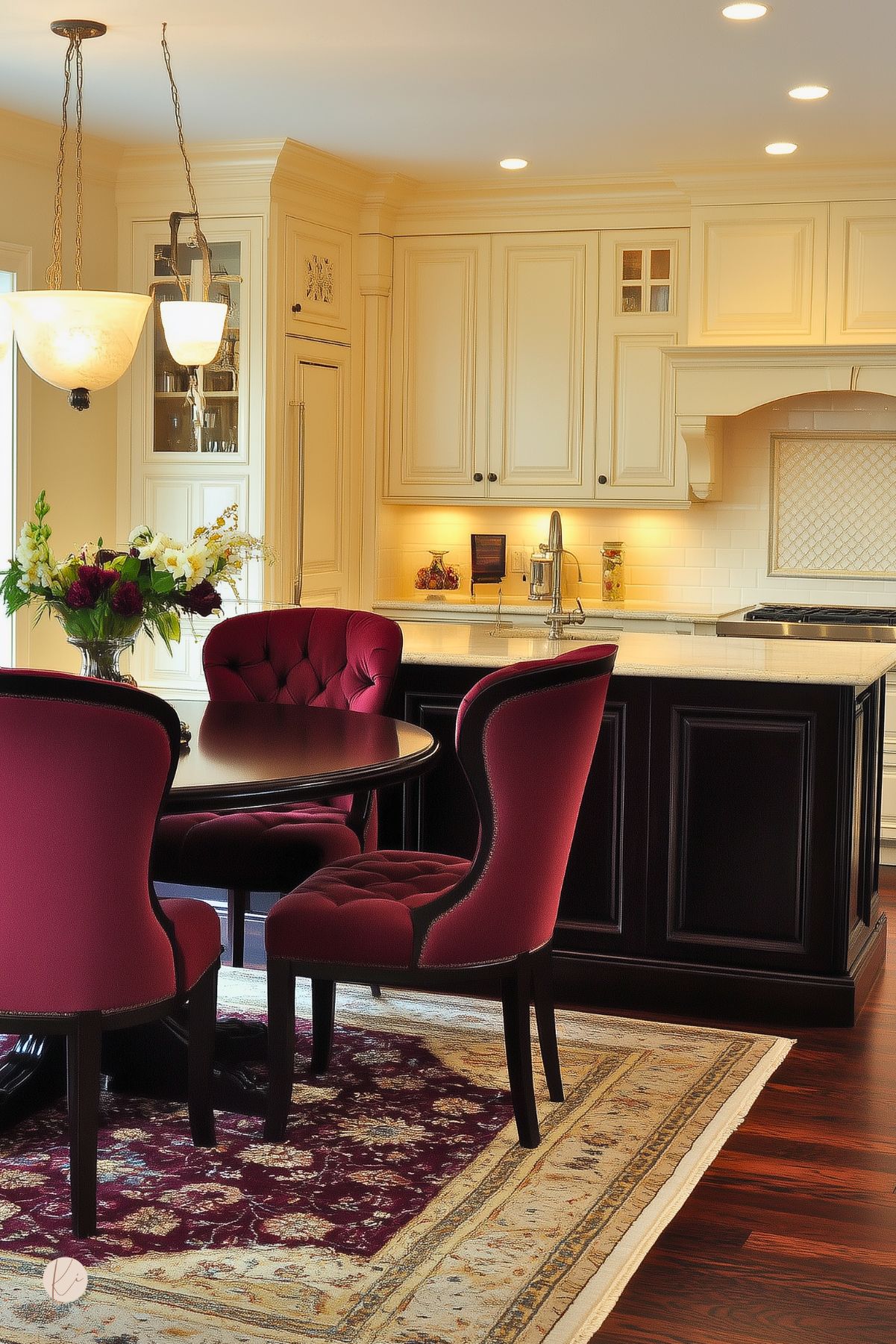 Traditional kitchen with cream cabinetry, a dark wood island, and elegant pendant lighting. A round dining table is surrounded by tufted burgundy chairs, placed over a classic burgundy and cream area rug. A floral arrangement adds a fresh touch to the warm, inviting space.