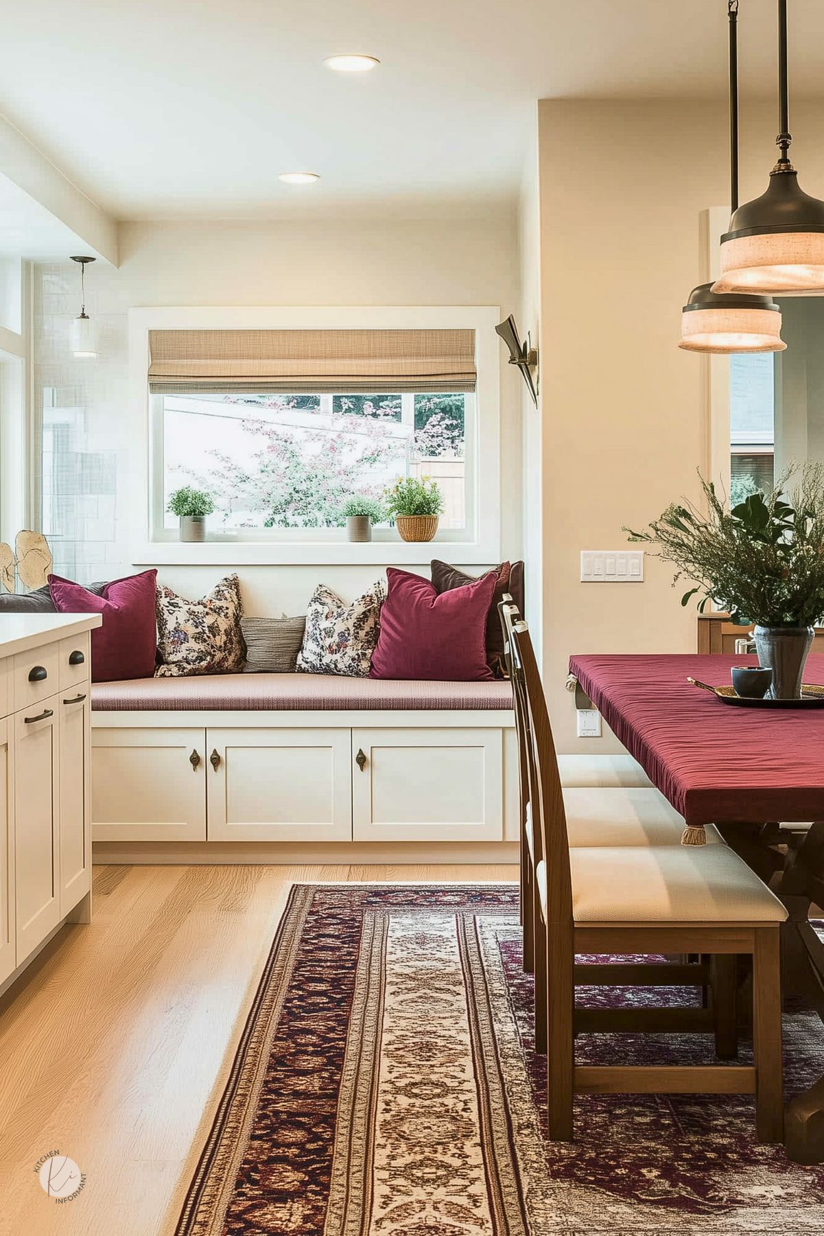 Cozy kitchen nook with a built-in white bench seat topped with burgundy and floral pillows beneath a large window. The dining table is covered with a burgundy cloth, and a vintage-style runner rug in burgundy tones stretches across the light wood floor. Potted plants and layered lighting add charm.