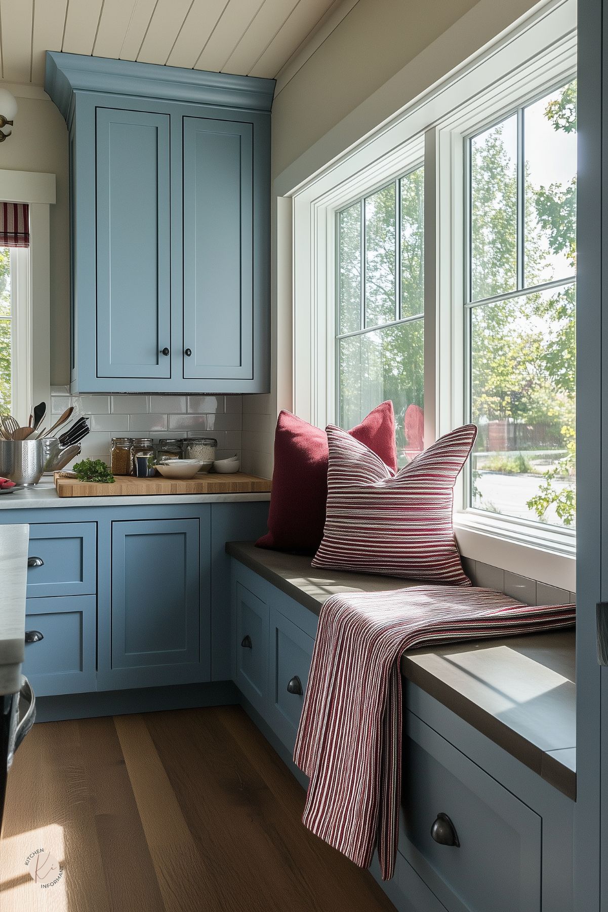 Cozy kitchen window seat with blue shaker cabinets and charcoal top, styled with burgundy throw pillows and a red-and-white striped pillow and runner. Large divided-light windows, wood floors, polished nickel bin pulls, and a small prep zone with cutting board and jars. Kitchen design, blue cabinets, window bench, burgundy accents.