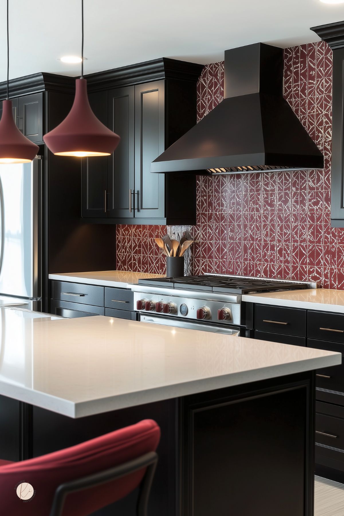 Modern kitchen with black shaker cabinets, white quartz countertops, and a matte black range hood. Burgundy patterned tile backsplash, burgundy pendant lights, and a stainless range with burgundy knobs. Large island and a burgundy barstool. Kitchen design, black cabinets, burgundy backsplash.