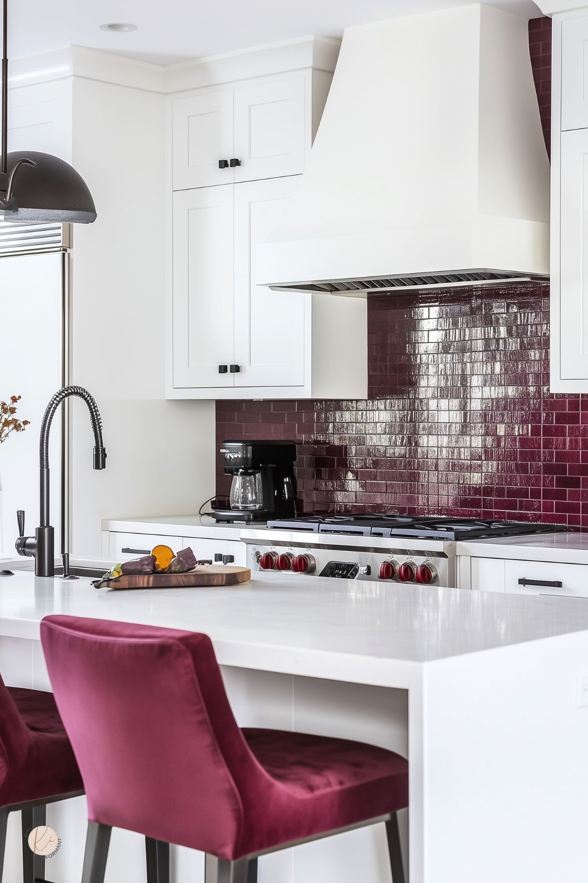 White kitchen design with burgundy accents: glossy burgundy subway-tile backsplash, velvet burgundy bar stools at a white waterfall island, white shaker cabinets, and a plaster-style range hood. Black pull-down faucet, stainless range with burgundy knobs, and paneled fridge.