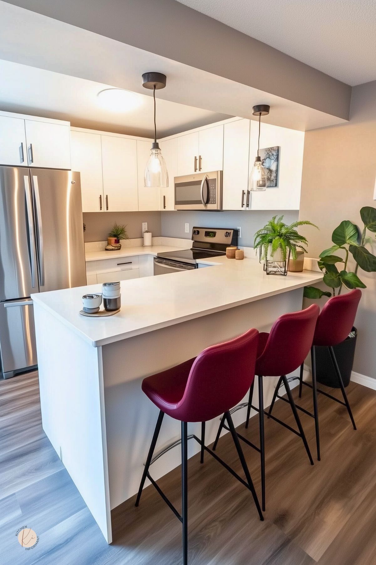 Contemporary kitchen with sleek white cabinetry, stainless steel appliances, and a light wood floor. A white peninsula island is paired with three modern burgundy barstools for a bold pop of color. Glass pendant lights and lush green plants add warmth and contrast.