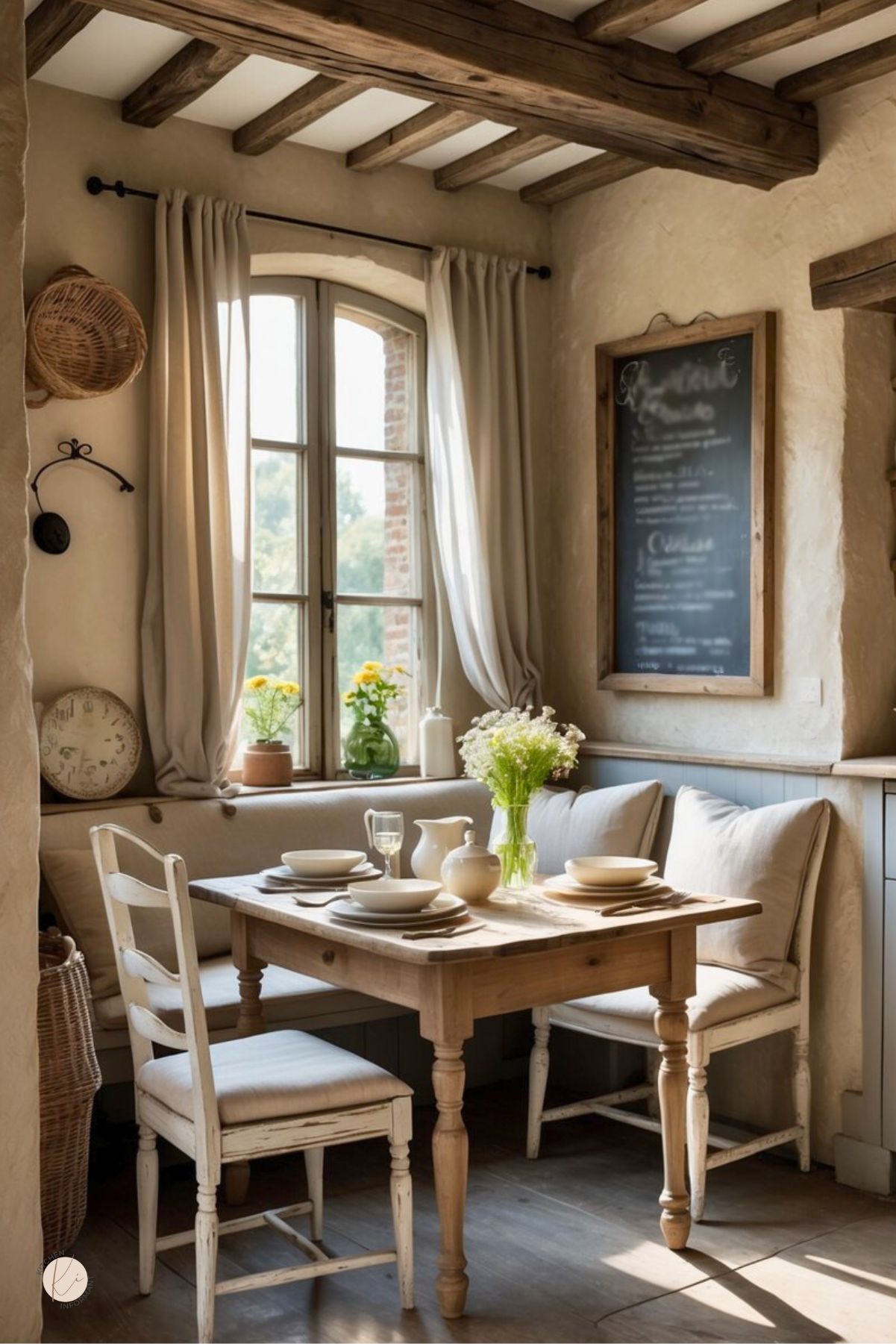 A cozy breakfast nook with a rustic wooden table set for breakfast, cushioned chairs, fresh flowers, and natural light coming through a window.