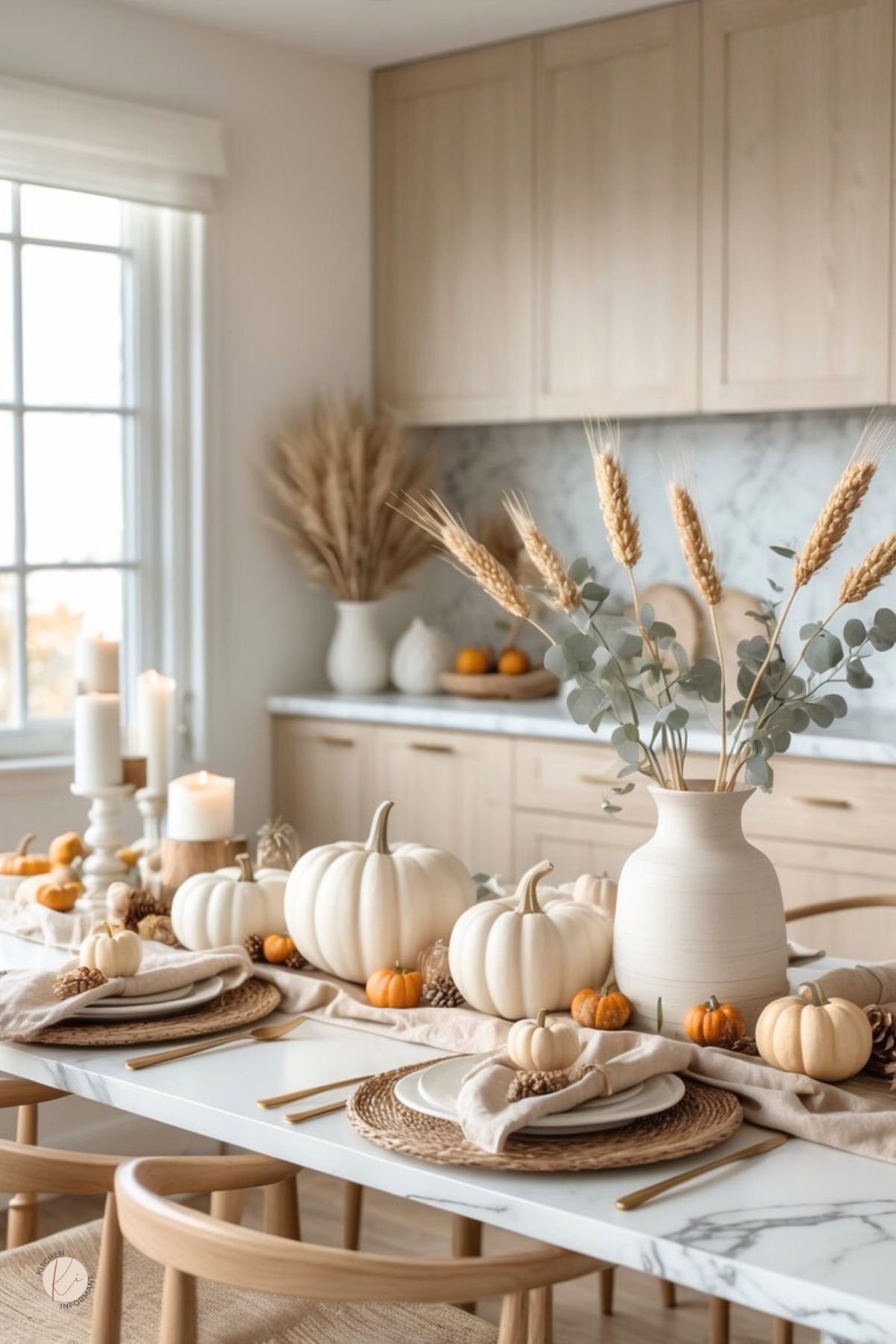 Neutral Thanksgiving kitchen tablescape with white and mini orange pumpkins on a beige linen runner, wheat and eucalyptus in a ceramic vase, pillar candles, pinecones, woven chargers and linen napkins, gold flatware on a marble table. Light wood cabinets and marble backsplash in background. Small Kitchen Informant logo.