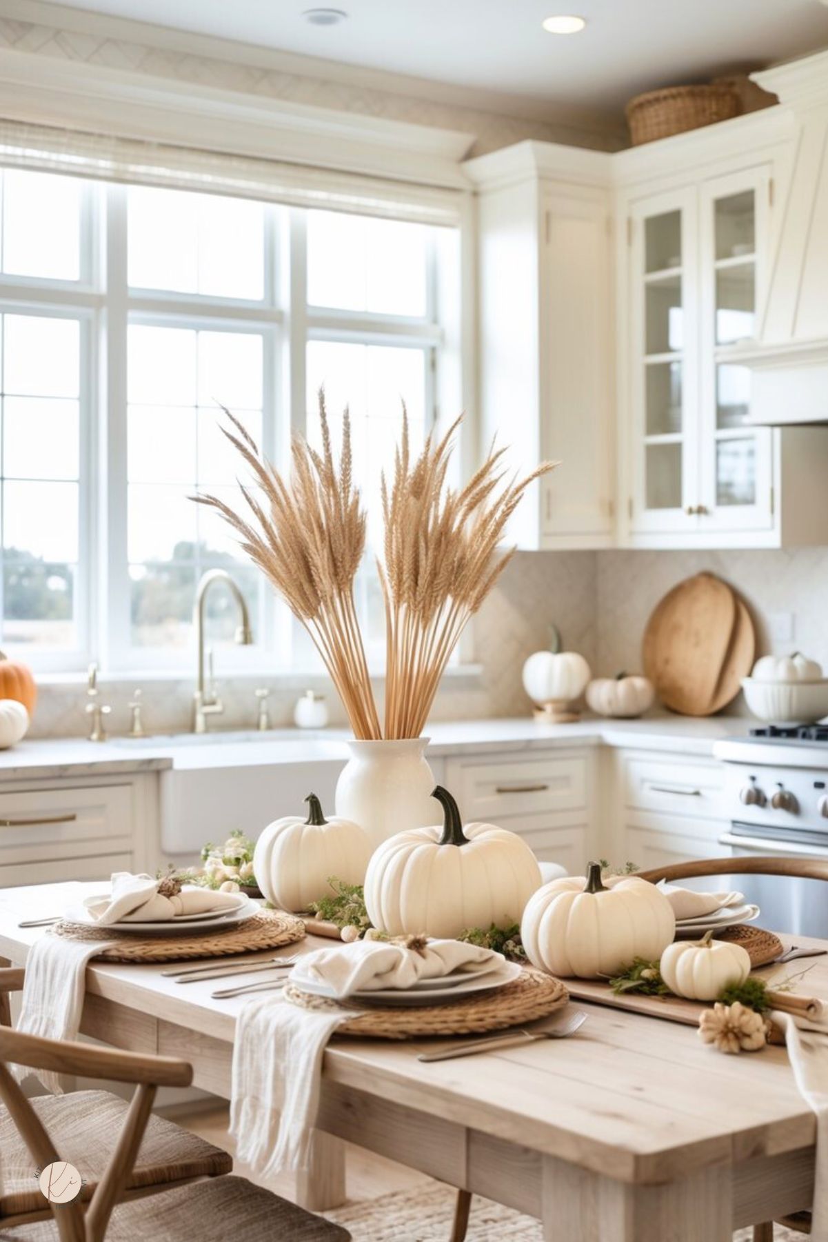 Neutral Thanksgiving kitchen tablescape with white pumpkins down a rustic wood table, pampas and wheat centerpiece in a ceramic vase, woven chargers, linen napkins, and brass flatware. Bright white cabinets, farmhouse sink, and neutral fall decor in the background. Small Kitchen Informant logo.