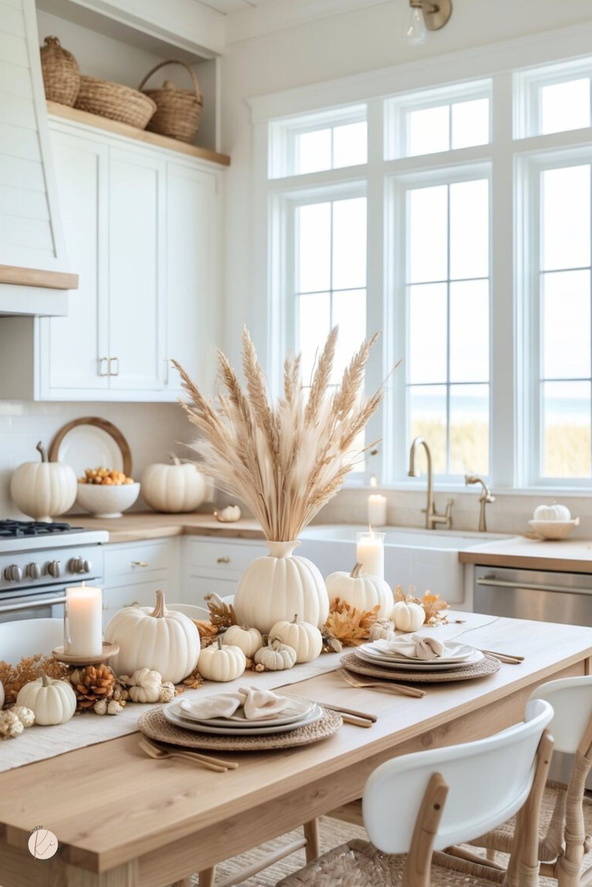 Neutral Thanksgiving kitchen decor and tablescape: white pumpkins and pinecones on a beige linen runner, pampas-grass centerpiece, pillar candles, woven chargers, layered plates with linen napkins and gold flatware on a light wood table. Bright white shaker cabinets, butcher-block counters, farmhouse sink, brass faucet.