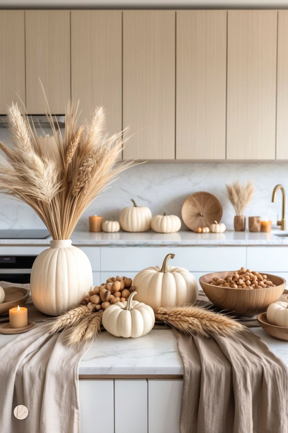 Neutral Thanksgiving kitchen decor on a marble island: white pumpkins, pampas grass and wheat in a ceramic pumpkin vase, beige linen runners, wooden bowls with acorns, and small candles. Modern light wood cabinets with marble backsplash and brass faucet in background. Small Kitchen Informant logo.